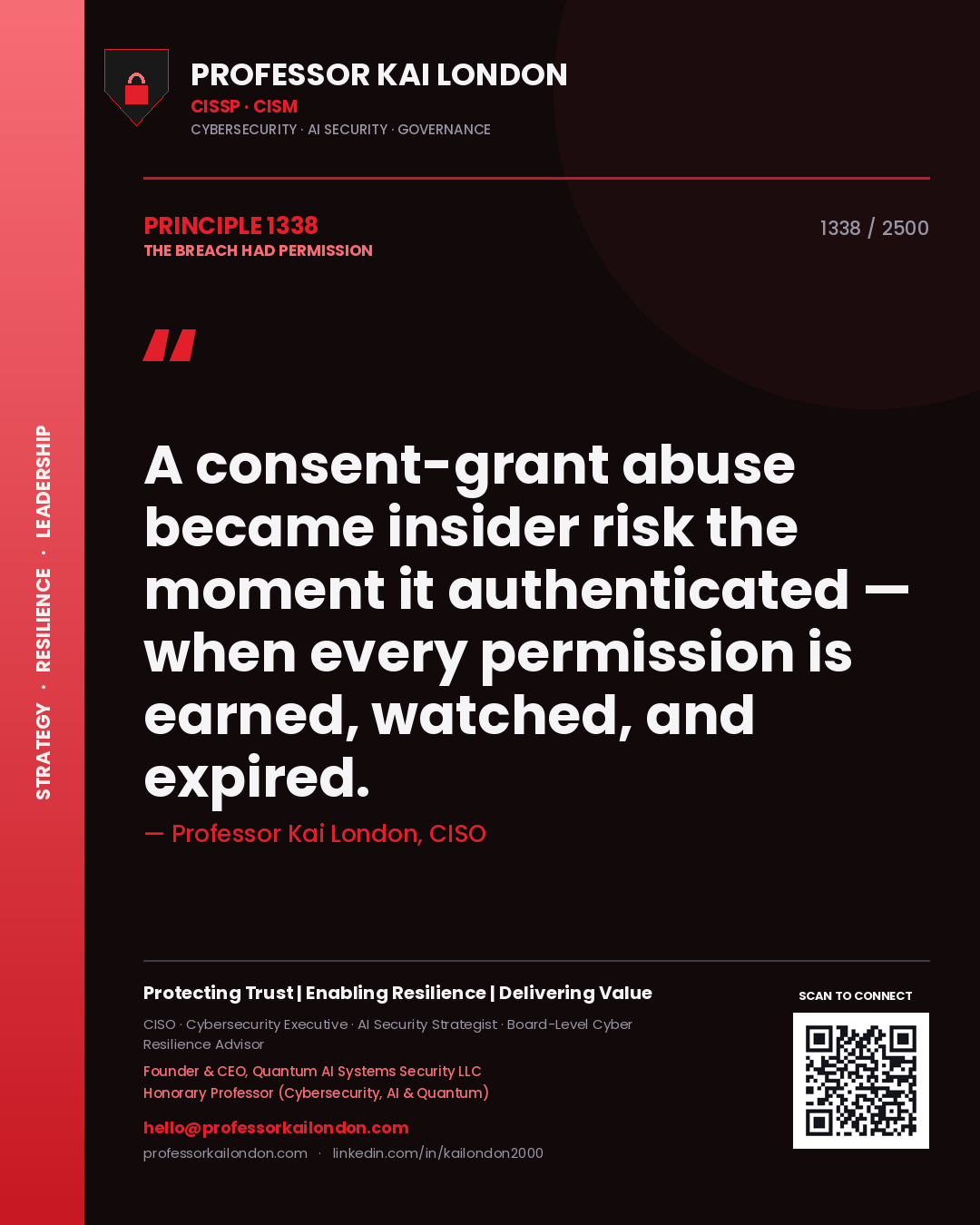 Quote card by Professor Kai London reading 'A consent-grant abuse became insider risk the moment it authenticated — when every permission is earned, watched, and expired.'. From the book The Breach Had Permission.