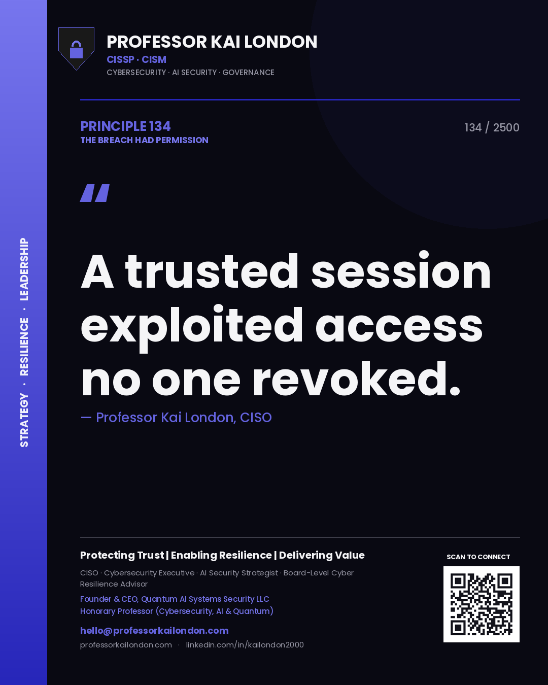 Quote card by Professor Kai London reading 'A trusted session exploited access no one revoked.'. From the book The Breach Had Permission.