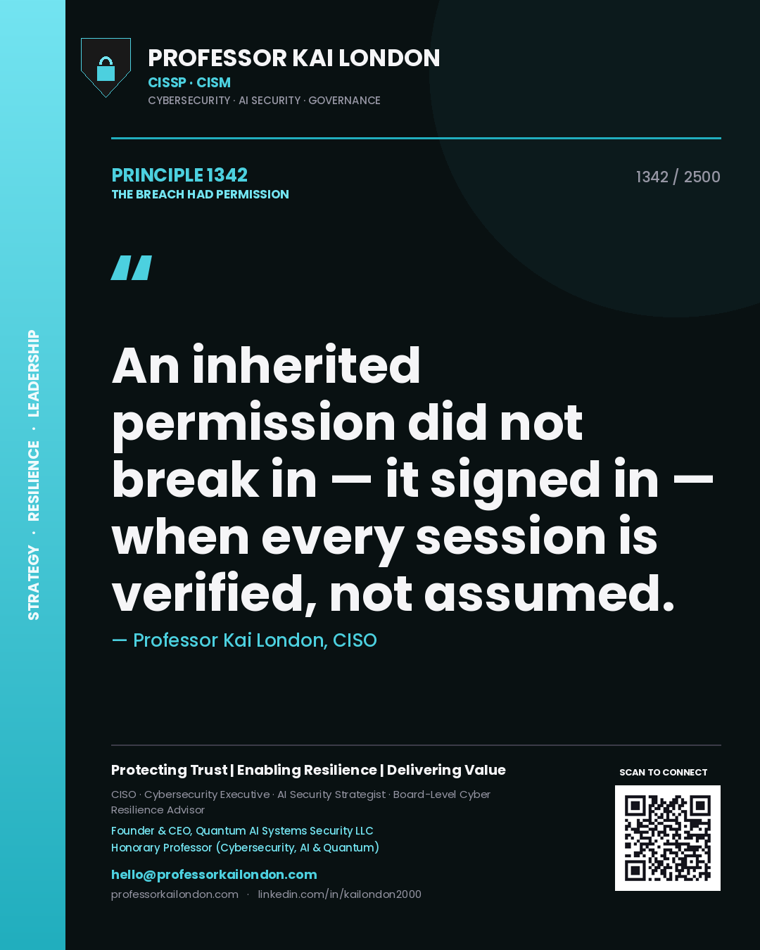 Professor Kai London principle 1342: An inherited permission did not break in — it signed in — when every session is verified, not assumed.