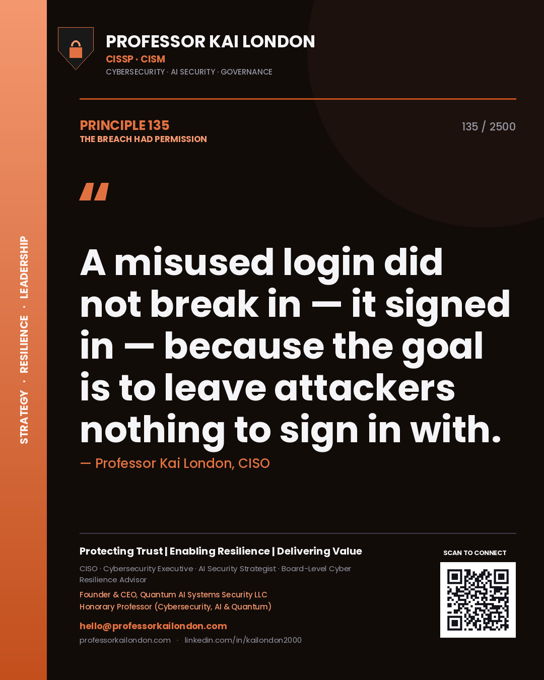 Quote card by Professor Kai London reading 'A misused login did not break in — it signed in — because the goal is to leave attackers nothing to sign in with.'. From the book The Breach Had Permission.