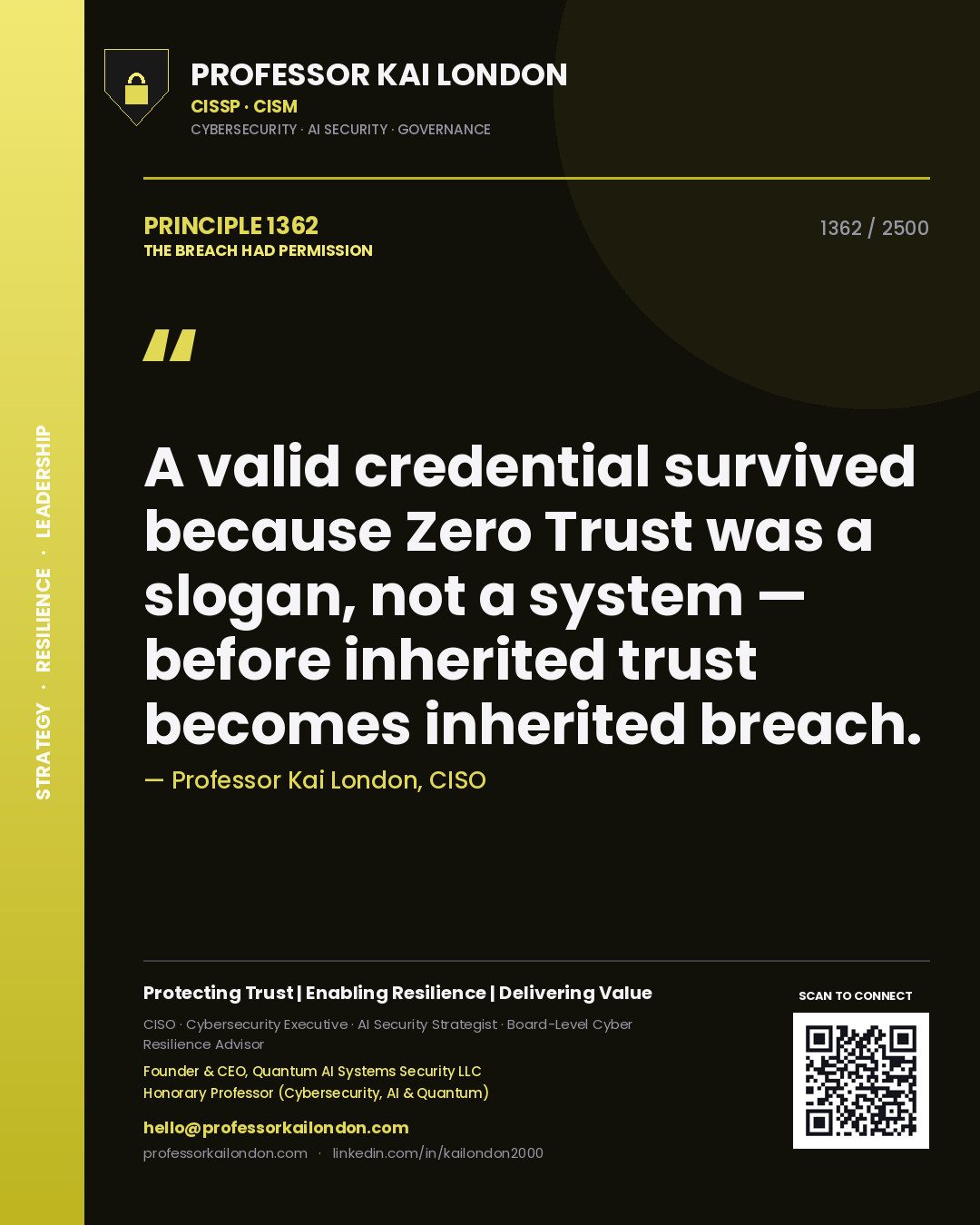 Professor Kai London principle 1362: A valid credential survived because Zero Trust was a slogan, not a system — before inherited trust becomes inherited breach.