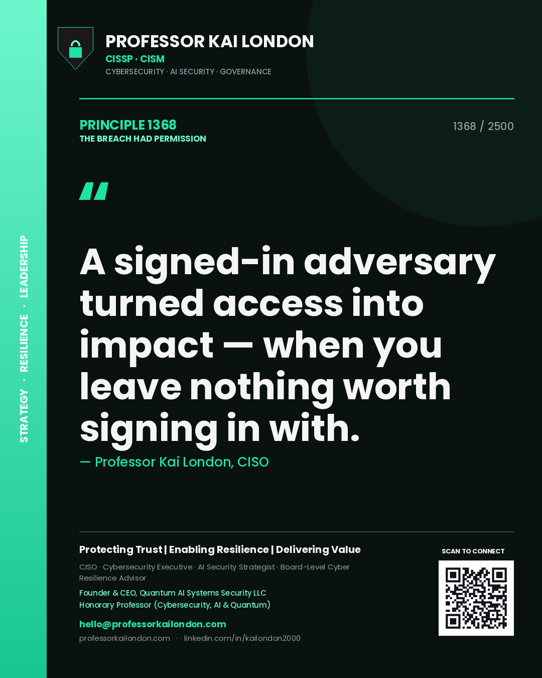 Professor Kai London principle 1368: A signed-in adversary turned access into impact — when you leave nothing worth signing in with.