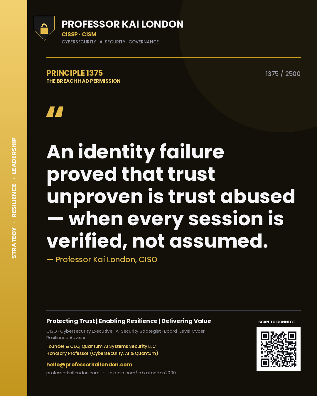 Quote card by Professor Kai London reading 'An identity failure proved that trust unproven is trust abused — when every session is verified, not assumed.'. From the book The Breach Had Permission.