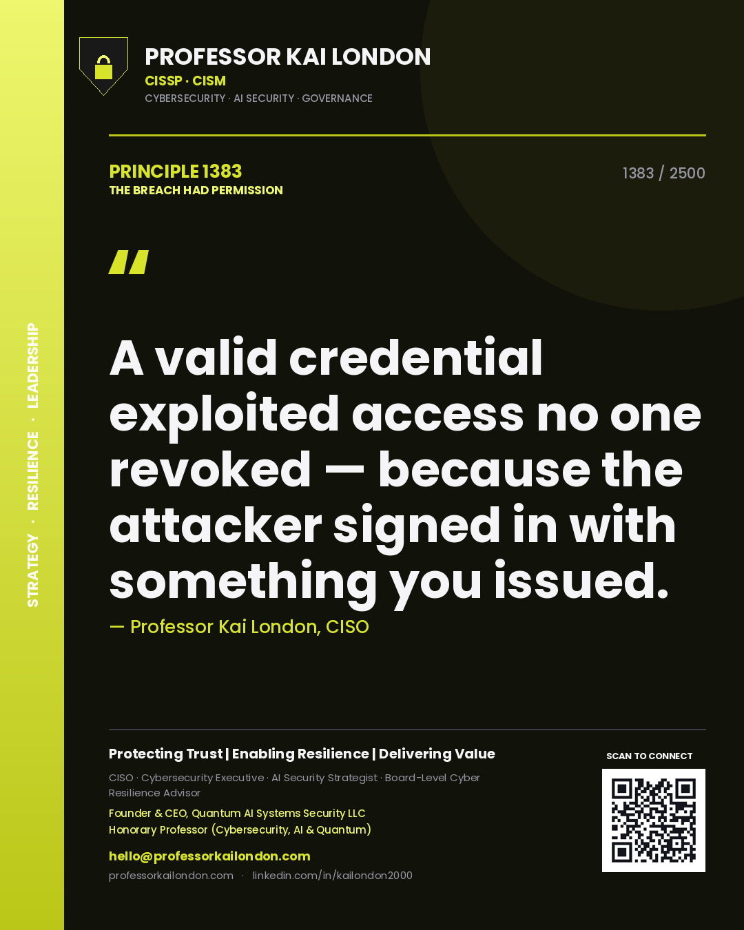 Professor Kai London principle 1383: A valid credential exploited access no one revoked — because the attacker signed in with something you issued.