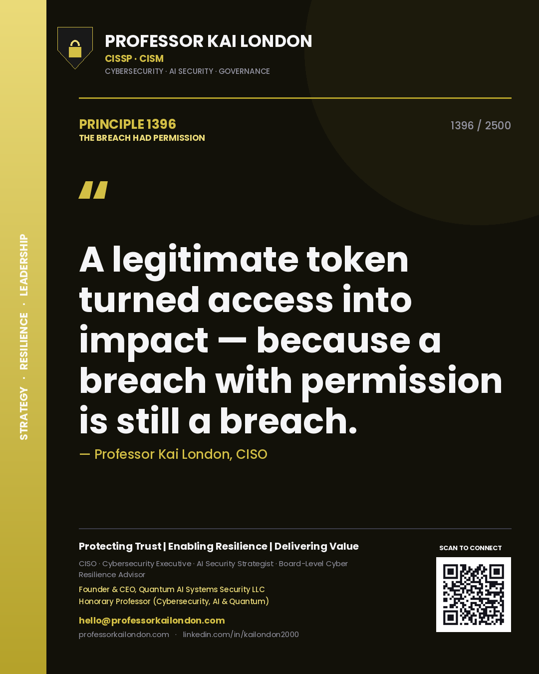 Quote card by Professor Kai London reading 'A legitimate token turned access into impact — because a breach with permission is still a breach.'. From the book The Breach Had Permission.