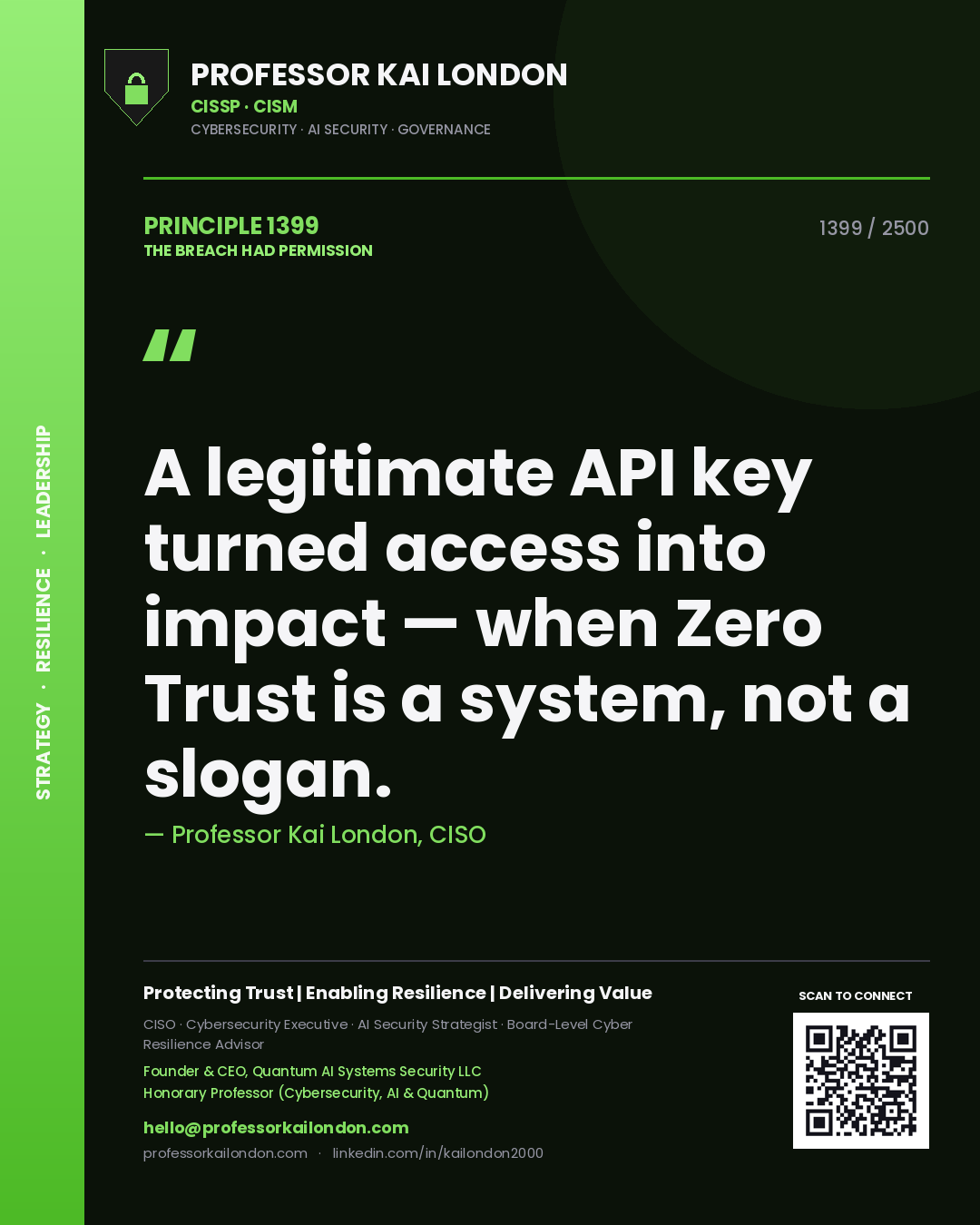 Professor Kai London principle 1399: A legitimate API key turned access into impact — when Zero Trust is a system, not a slogan.