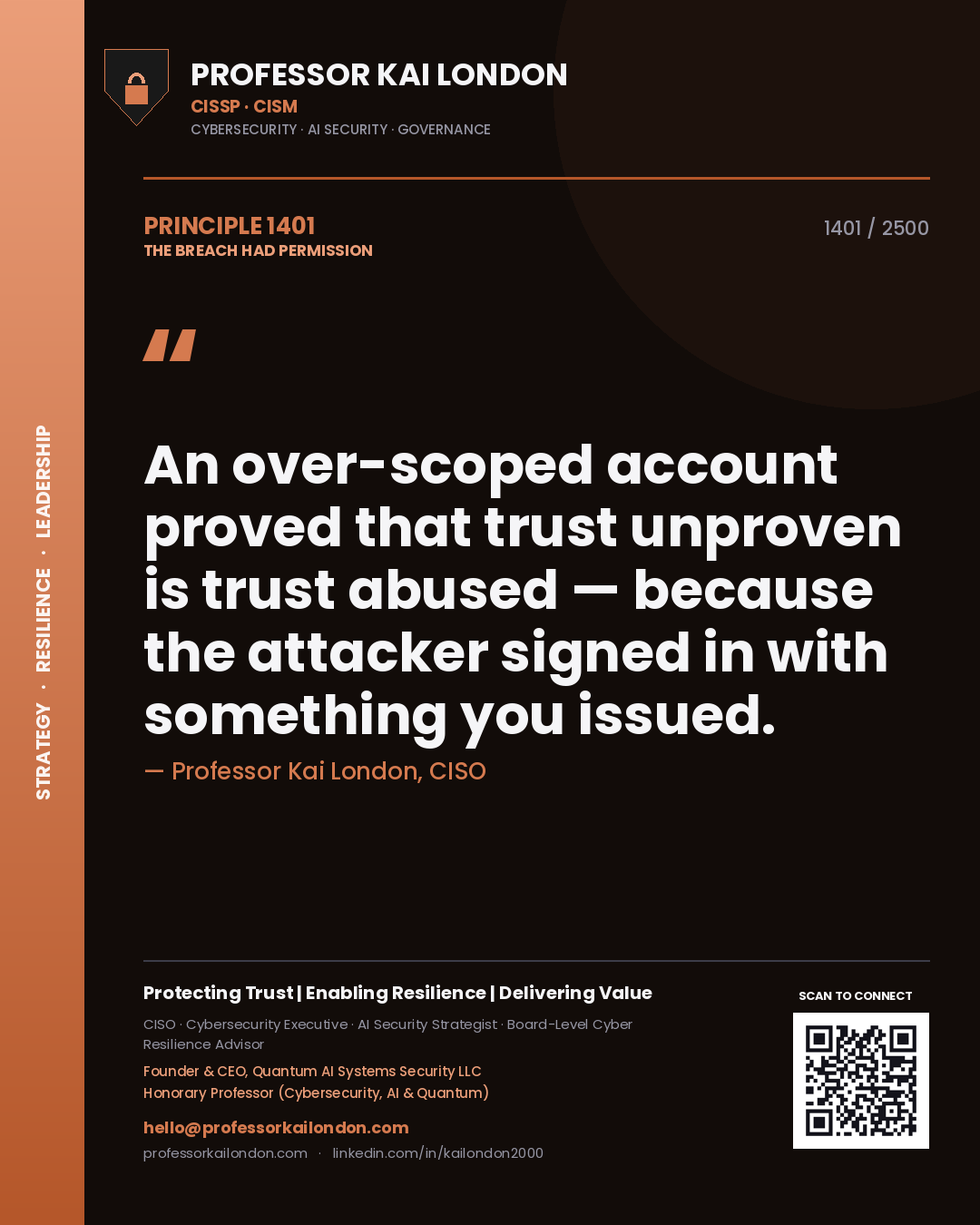 Professor Kai London principle 1401: An over-scoped account proved that trust unproven is trust abused — because the attacker signed in with something you issued.