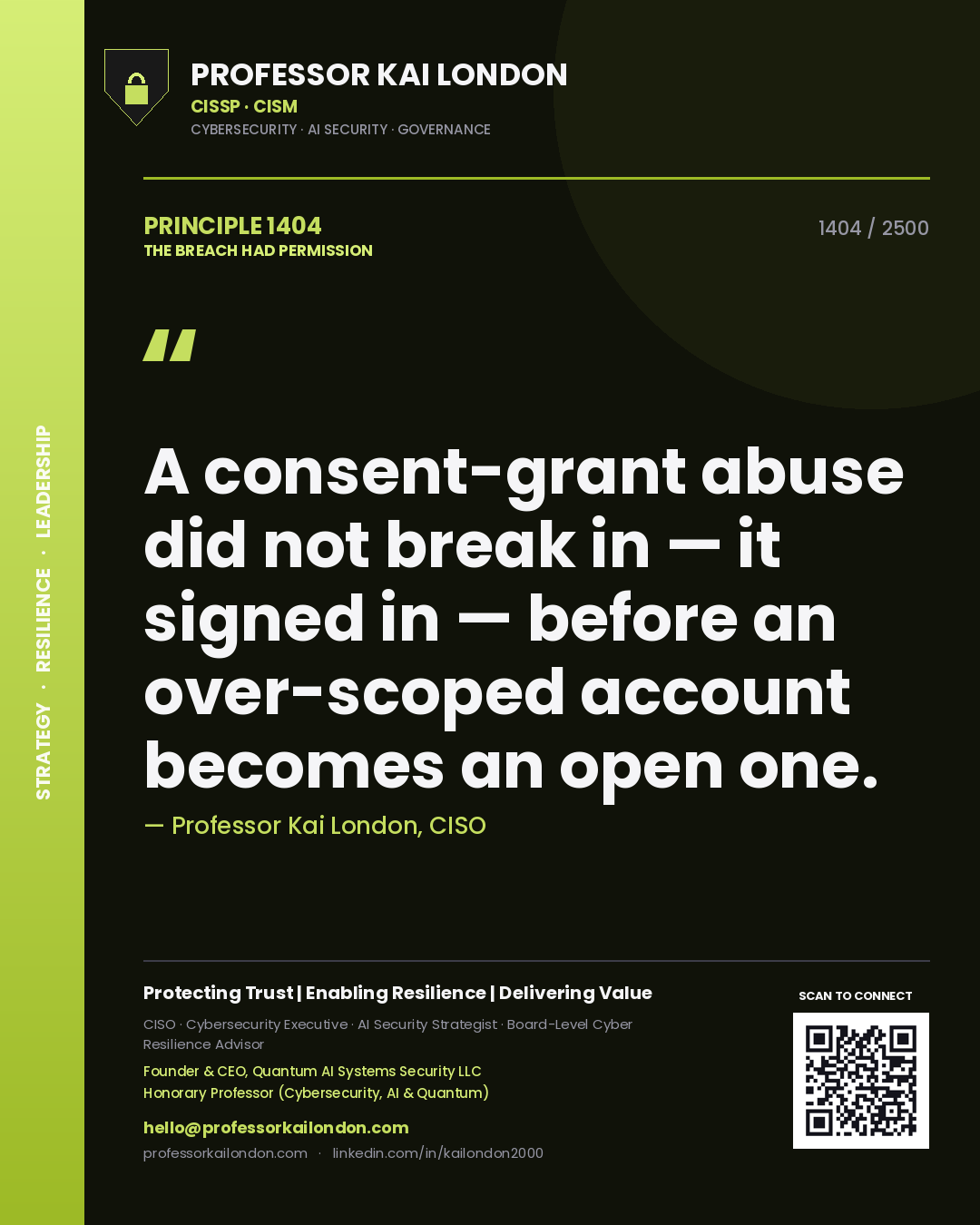 Professor Kai London principle 1404: A consent-grant abuse did not break in — it signed in — before an over-scoped account becomes an open one.