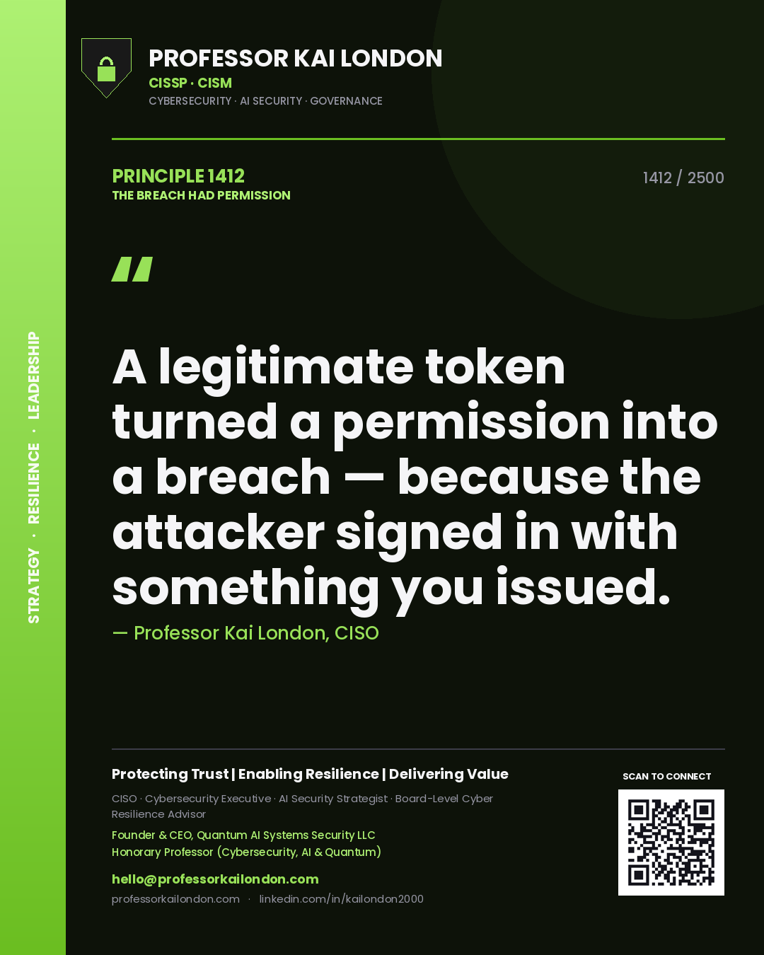 Quote card by Professor Kai London reading 'A legitimate token turned a permission into a breach — because the attacker signed in with something you issued.'. From the book The Breach Had Permission.