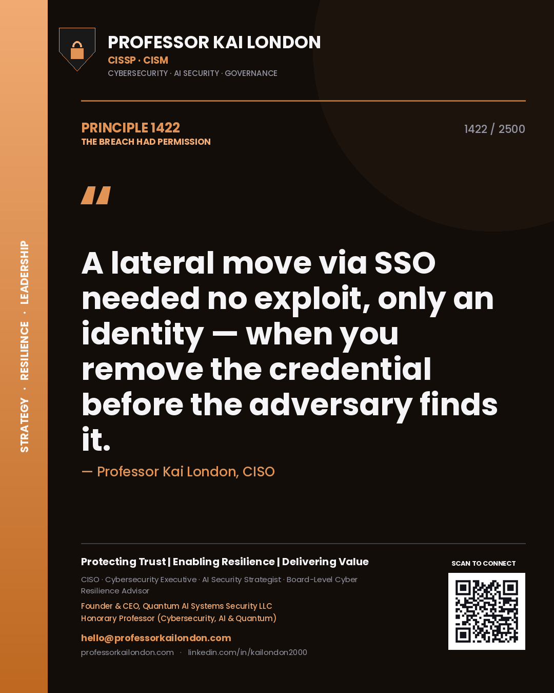 Professor Kai London principle 1422: A lateral move via SSO needed no exploit, only an identity — when you remove the credential before the adversary finds it.