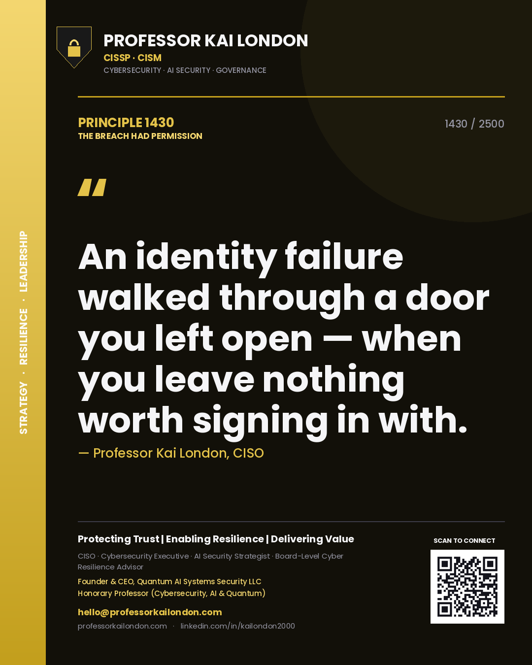 Quote card by Professor Kai London reading 'An identity failure walked through a door you left open — when you leave nothing worth signing in with.'. From the book The Breach Had Permission.