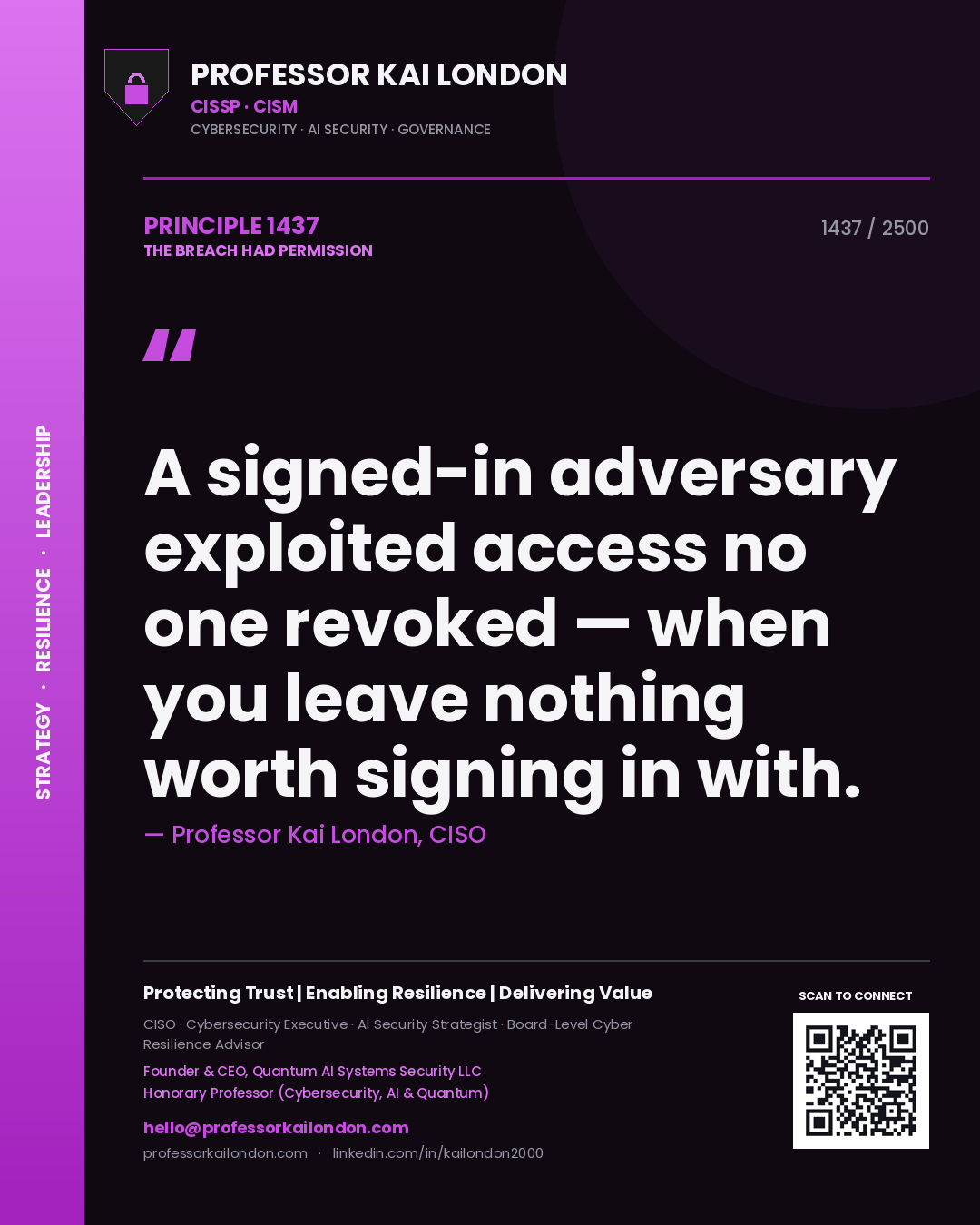 Professor Kai London principle 1437: A signed-in adversary exploited access no one revoked — when you leave nothing worth signing in with.