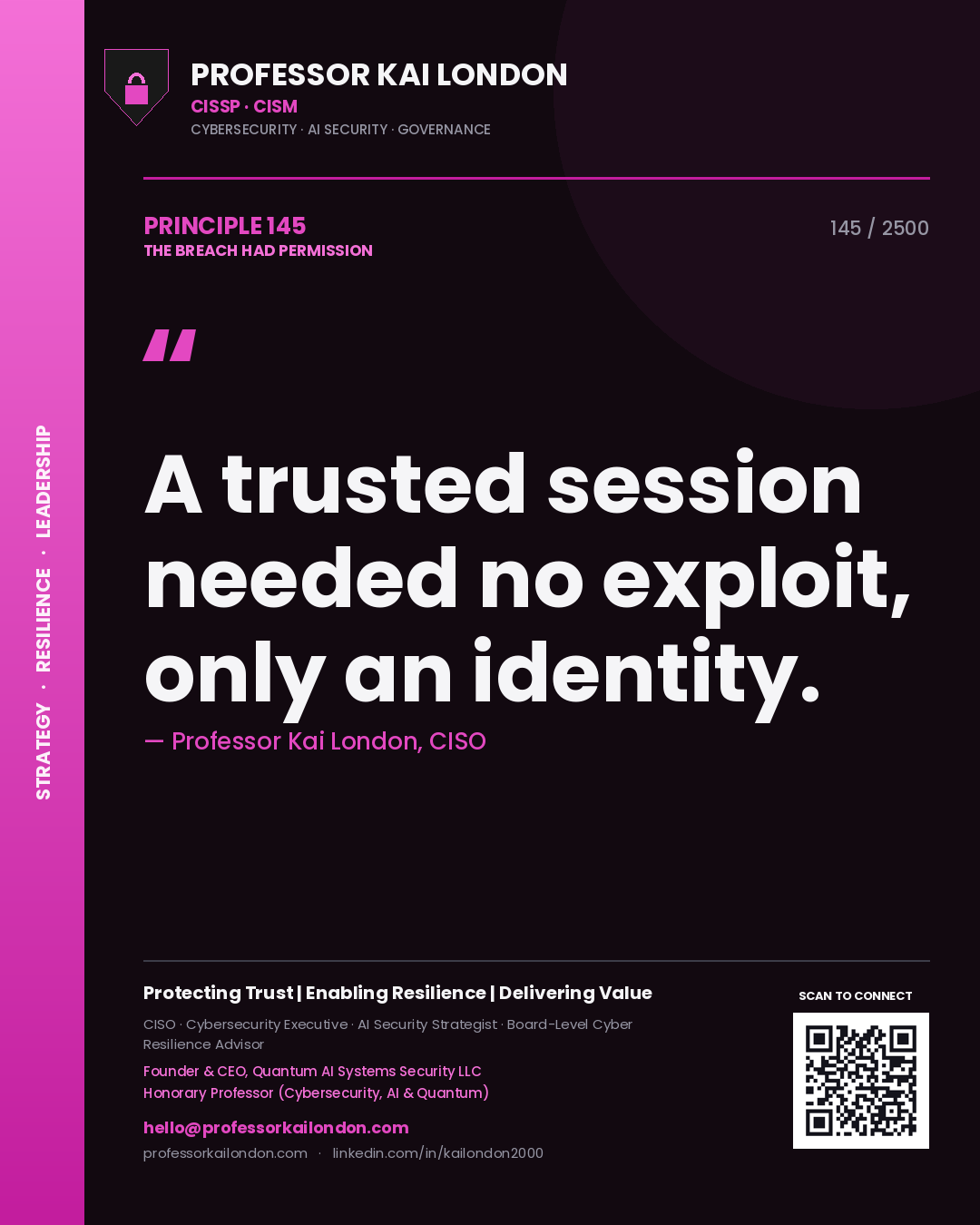 Quote card by Professor Kai London reading 'A trusted session needed no exploit, only an identity.'. From the book The Breach Had Permission.