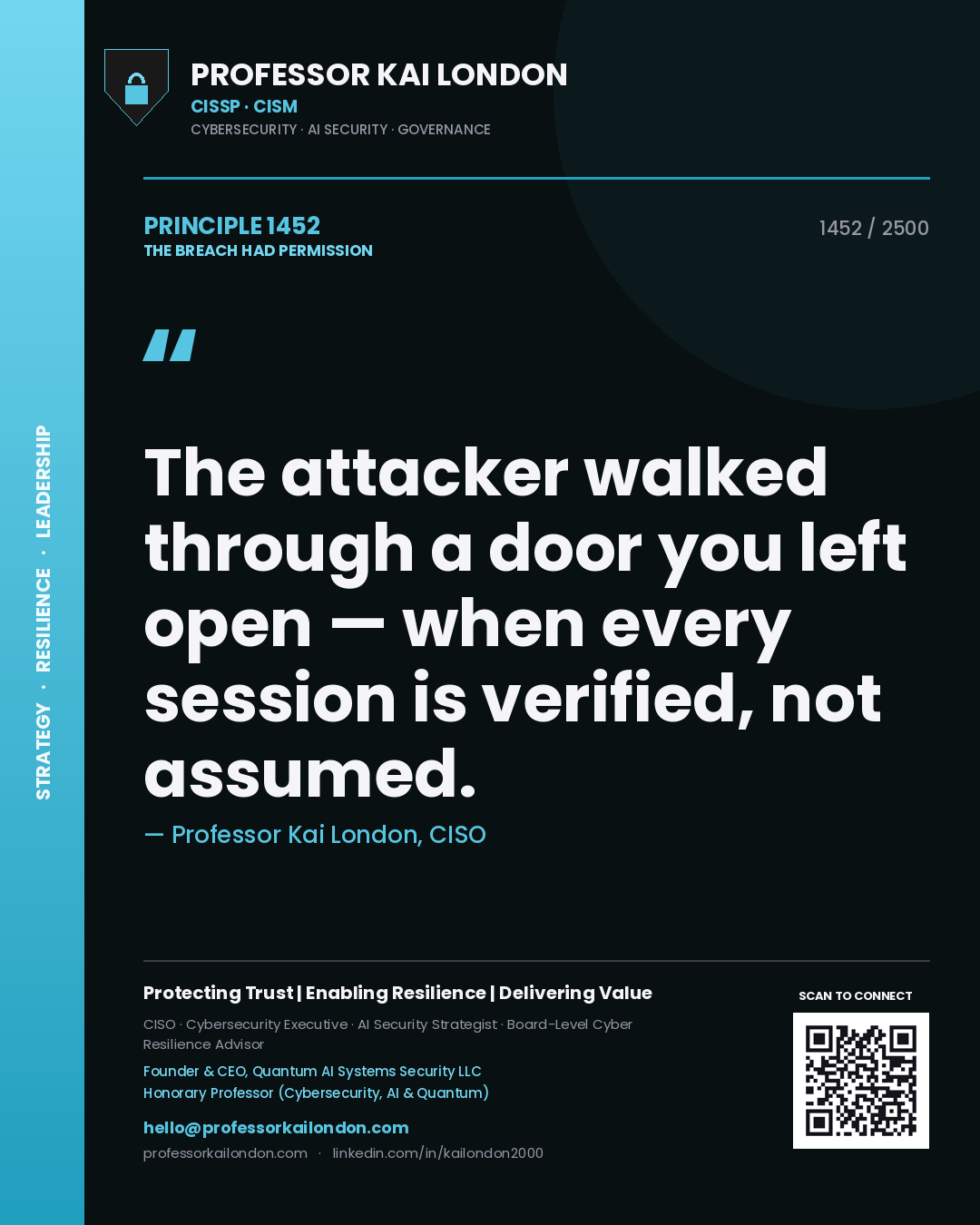 Quote card by Professor Kai London reading 'The attacker walked through a door you left open — when every session is verified, not assumed.'. From the book The Breach Had Permission.