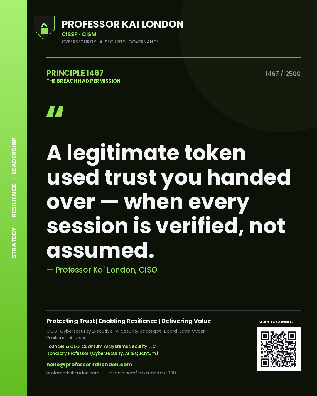 Quote card by Professor Kai London reading 'A legitimate token used trust you handed over — when every session is verified, not assumed.'. From the book The Breach Had Permission.