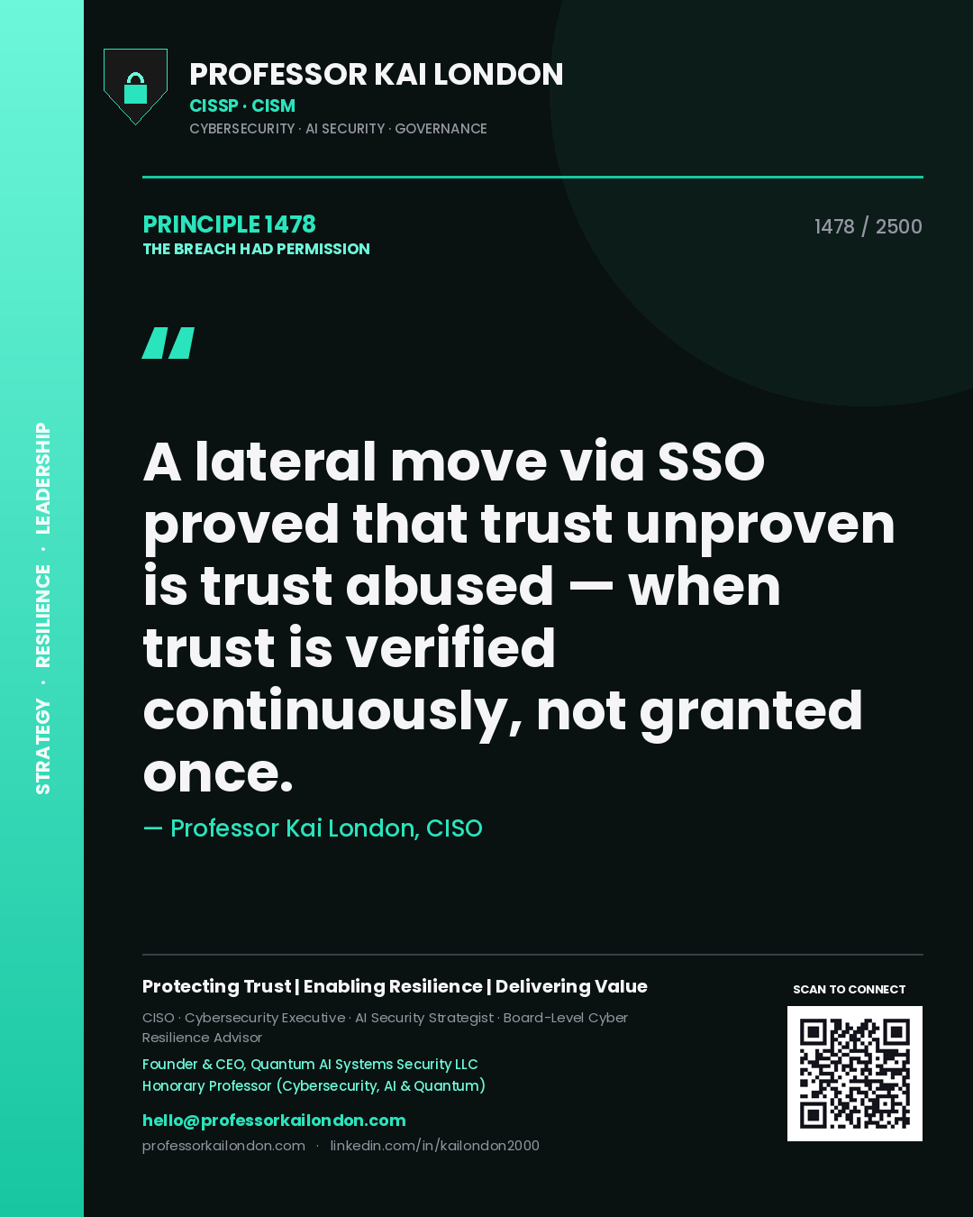 Professor Kai London principle 1478: A lateral move via SSO proved that trust unproven is trust abused — when trust is verified continuously, not granted once.
