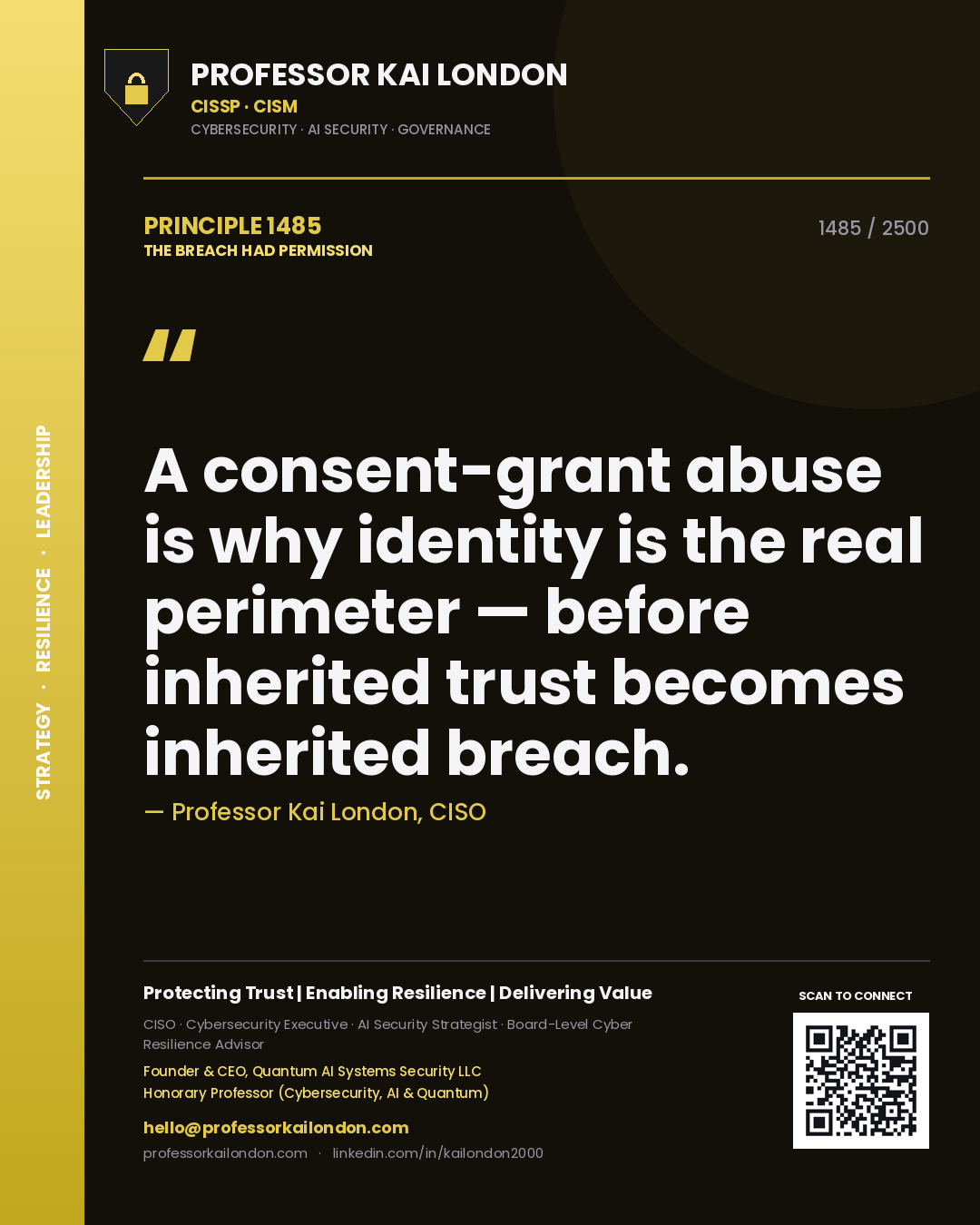 Professor Kai London principle 1485: A consent-grant abuse is why identity is the real perimeter — before inherited trust becomes inherited breach.