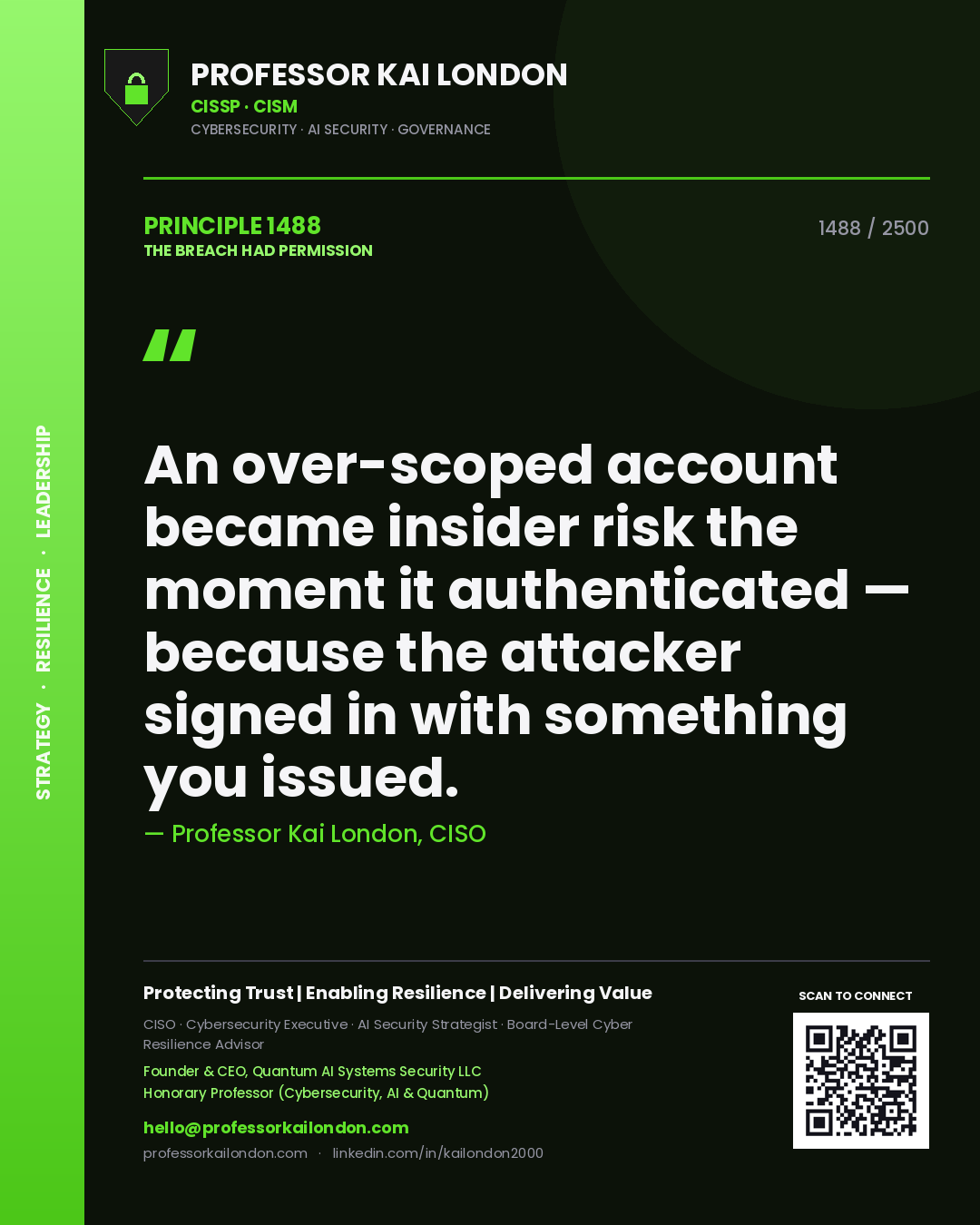 Professor Kai London principle 1488: An over-scoped account became insider risk the moment it authenticated — because the attacker signed in with something you issued.