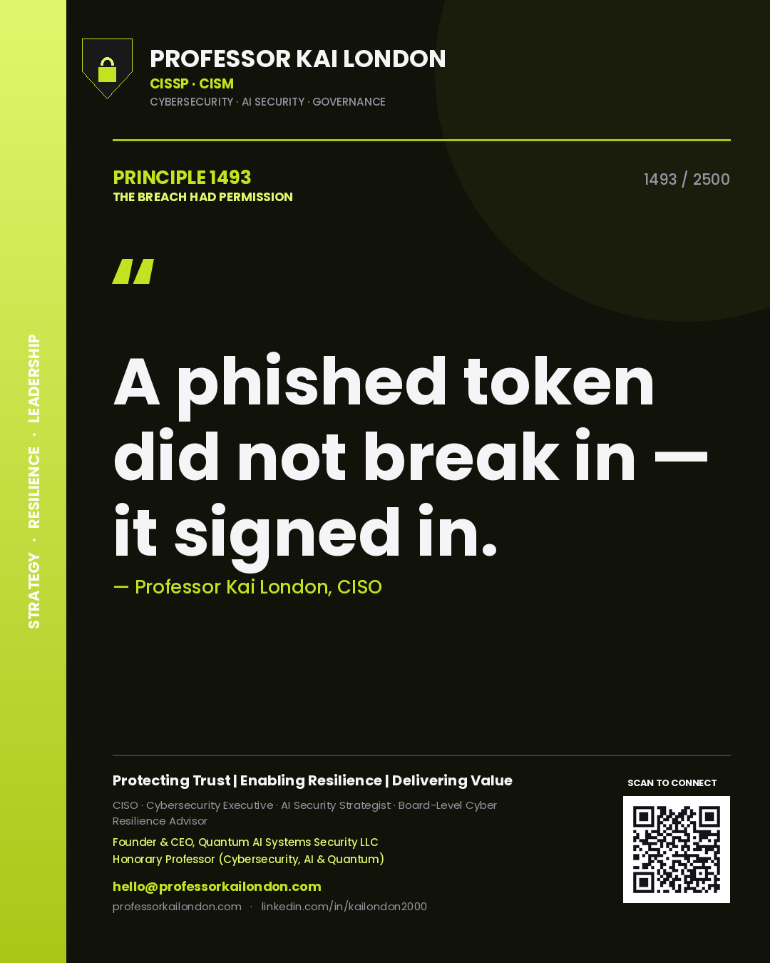 Professor Kai London principle 1493: A phished token did not break in — it signed in.