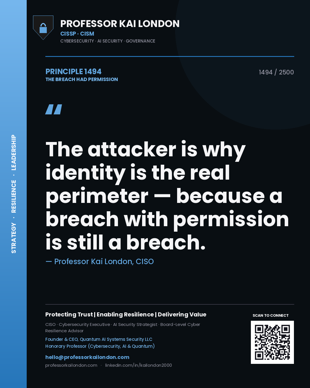 Quote card by Professor Kai London reading 'The attacker is why identity is the real perimeter — because a breach with permission is still a breach.'. From the book The Breach Had Permission.