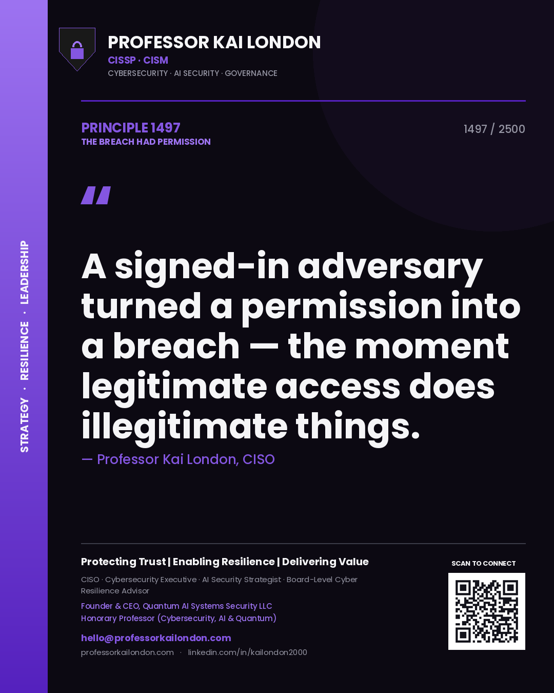 Professor Kai London principle 1497: A signed-in adversary turned a permission into a breach — the moment legitimate access does illegitimate things.