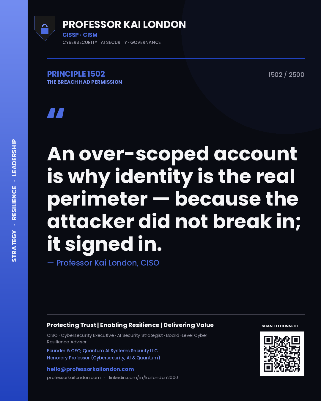 Quote card by Professor Kai London reading 'An over-scoped account is why identity is the real perimeter — because the attacker did not break in; it signed in.'. From the book The Breach Had Permission.