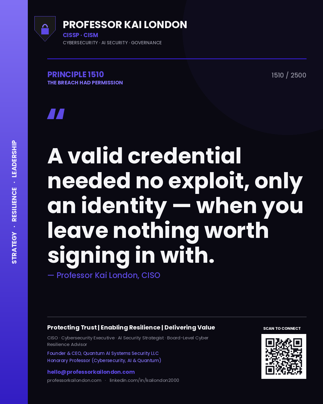 Quote card by Professor Kai London reading 'A valid credential needed no exploit, only an identity — when you leave nothing worth signing in with.'. From the book The Breach Had Permission.