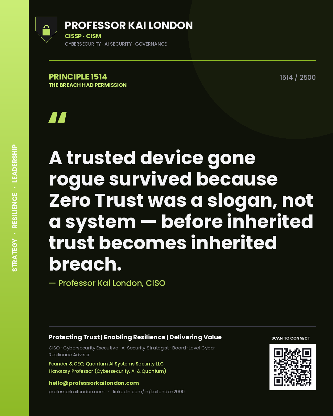 Quote card by Professor Kai London reading 'A trusted device gone rogue survived because Zero Trust was a slogan, not a system — before inherited trust becomes inherited breach.'. From the book The Breach Had Permission.