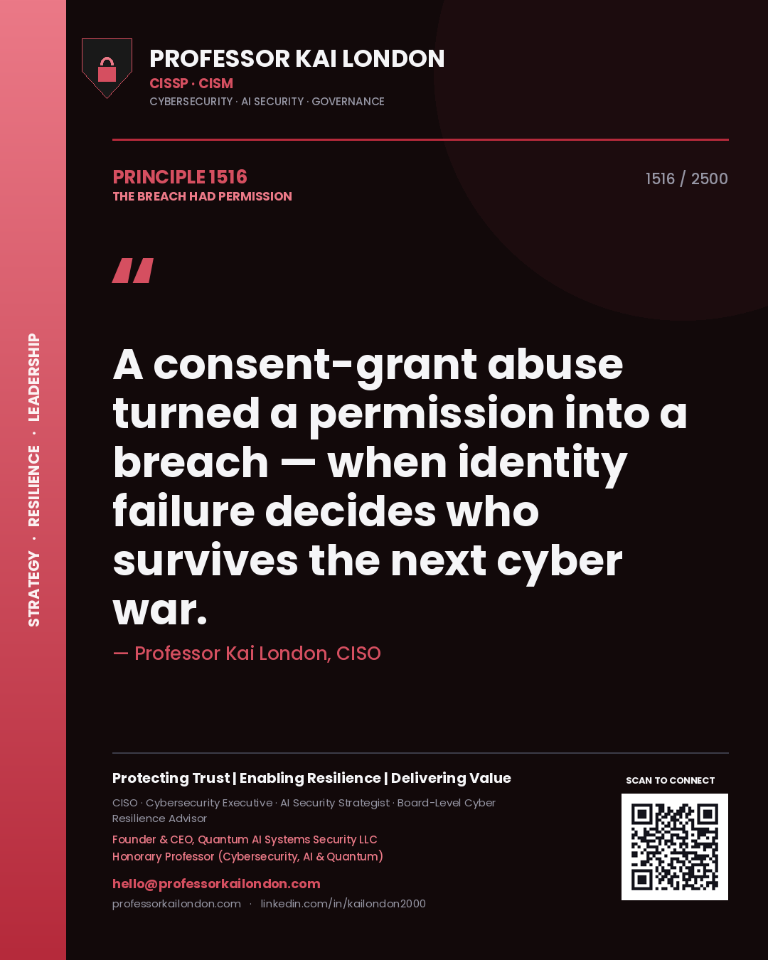 Quote card by Professor Kai London reading 'A consent-grant abuse turned a permission into a breach — when identity failure decides who survives the next cyber war.'. From the book The Breach Had Permission.