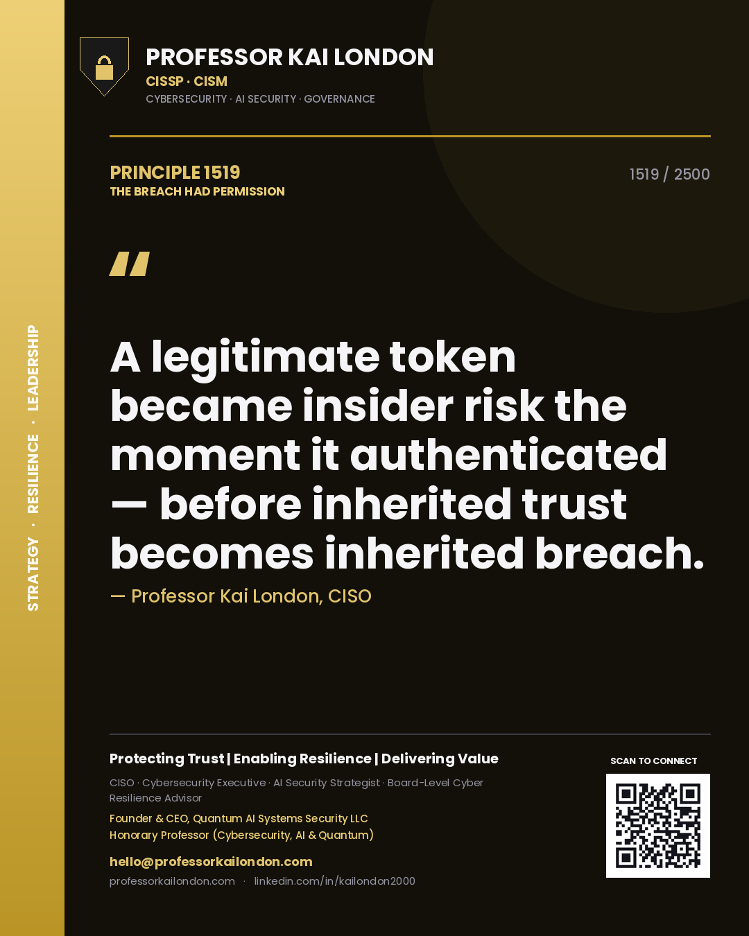 Professor Kai London principle 1519: A legitimate token became insider risk the moment it authenticated — before inherited trust becomes inherited breach.