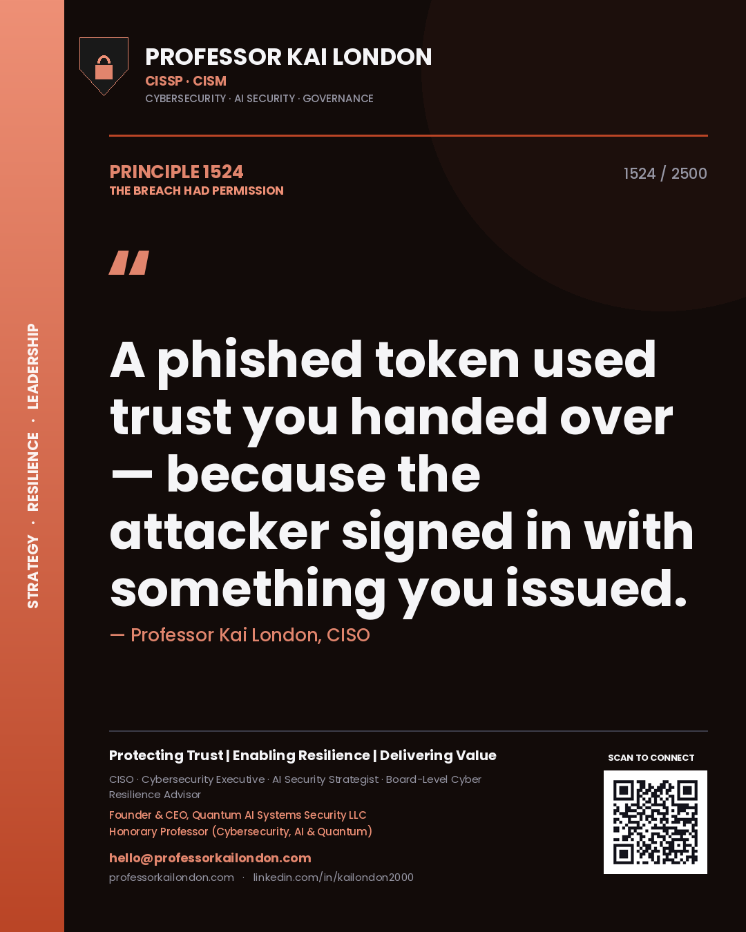 Professor Kai London principle 1524: A phished token used trust you handed over — because the attacker signed in with something you issued.