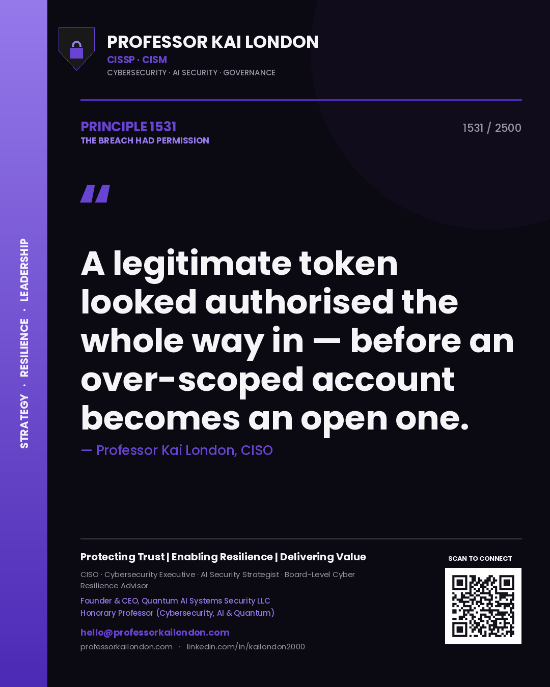 Quote card by Professor Kai London reading 'A legitimate token looked authorised the whole way in — before an over-scoped account becomes an open one.'. From the book The Breach Had Permission.