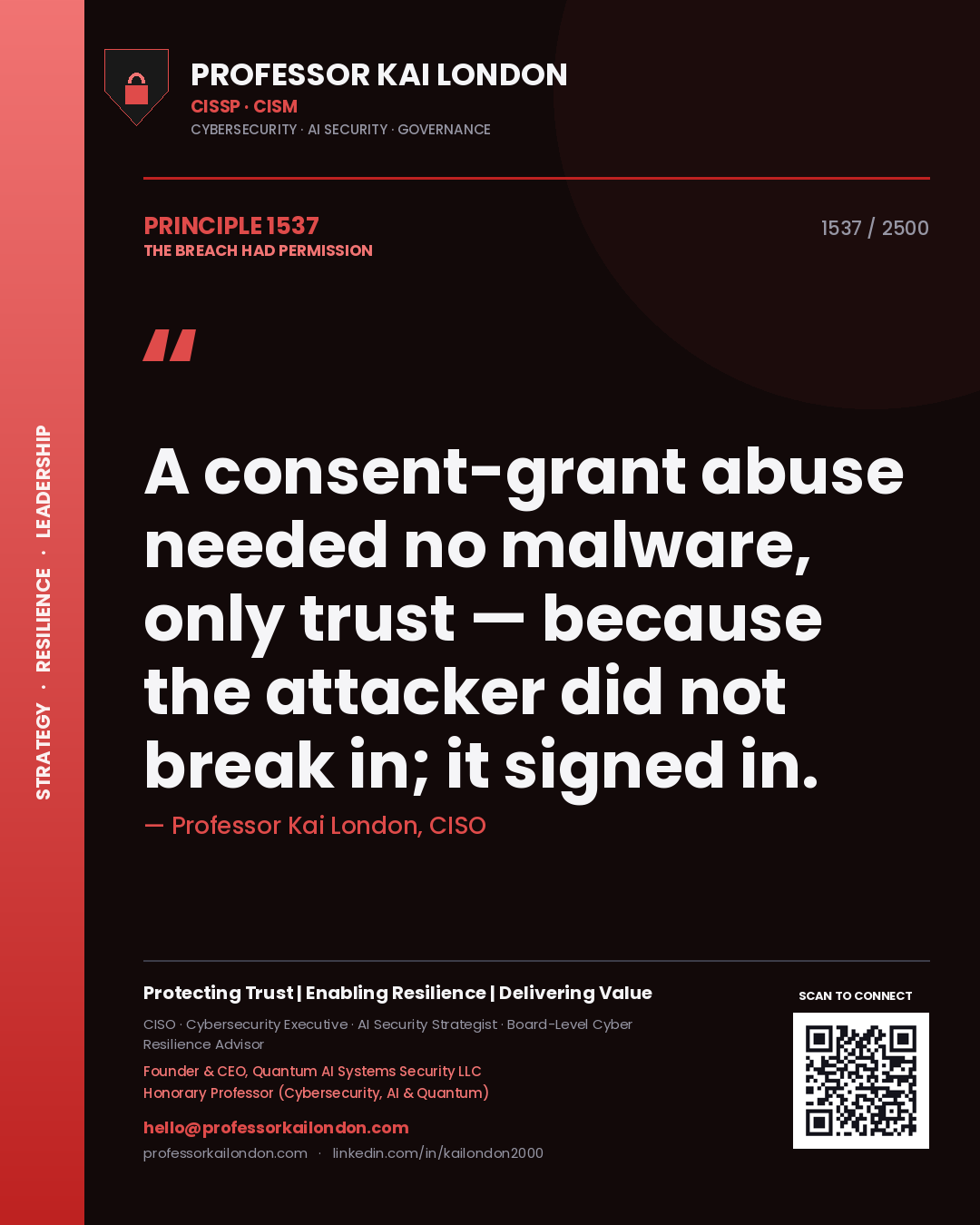 Professor Kai London principle 1537: A consent-grant abuse needed no malware, only trust — because the attacker did not break in; it signed in.