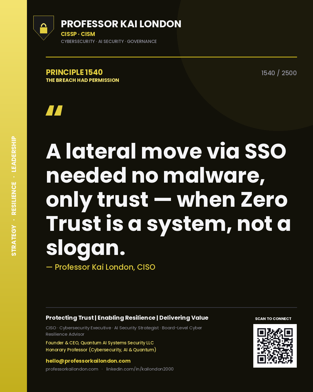 Professor Kai London principle 1540: A lateral move via SSO needed no malware, only trust — when Zero Trust is a system, not a slogan.