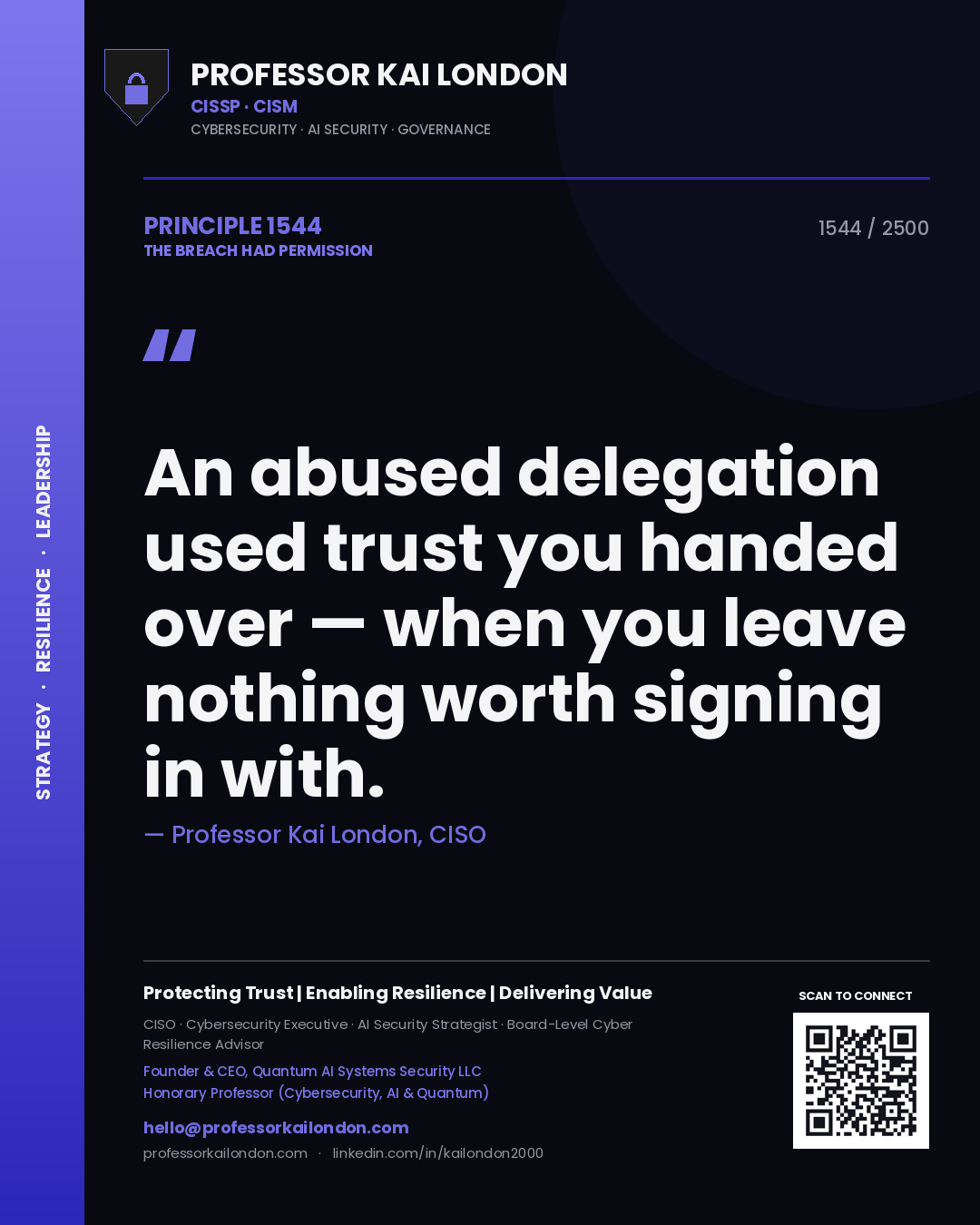 Professor Kai London principle 1544: An abused delegation used trust you handed over — when you leave nothing worth signing in with.
