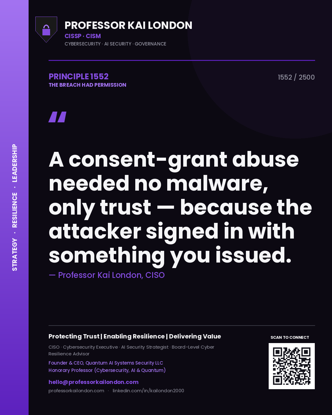 Professor Kai London principle 1552: A consent-grant abuse needed no malware, only trust — because the attacker signed in with something you issued.