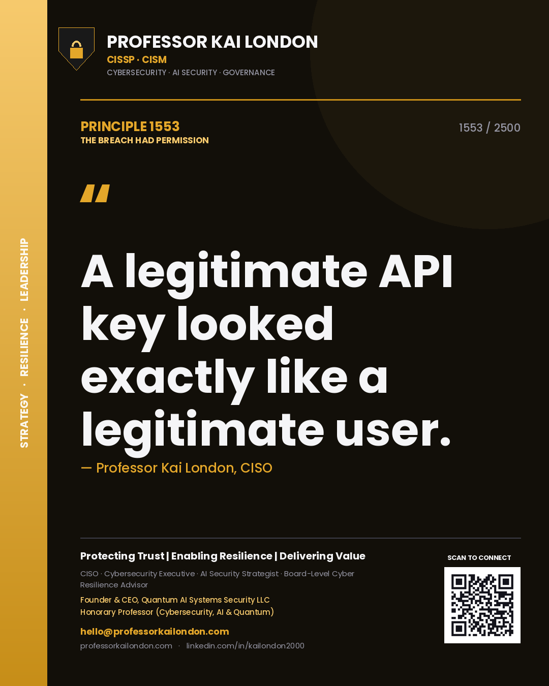 Quote card by Professor Kai London reading 'A legitimate API key looked exactly like a legitimate user.'. From the book The Breach Had Permission.