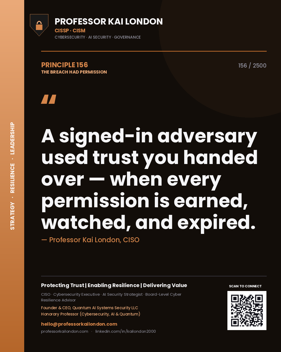 Quote card by Professor Kai London reading 'A signed-in adversary used trust you handed over — when every permission is earned, watched, and expired.'. From the book The Breach Had Permission.
