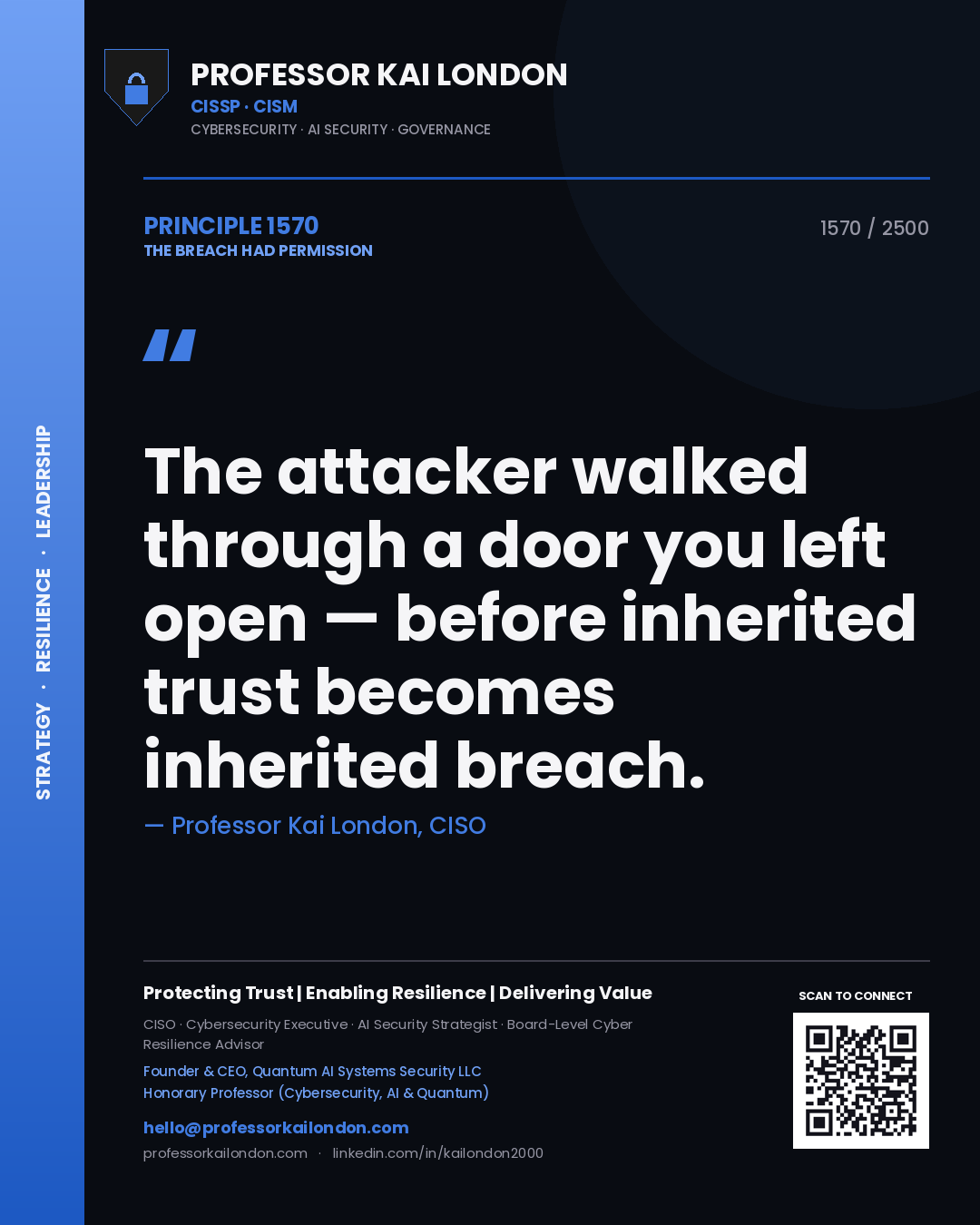 Quote card by Professor Kai London reading 'The attacker walked through a door you left open — before inherited trust becomes inherited breach.'. From the book The Breach Had Permission.
