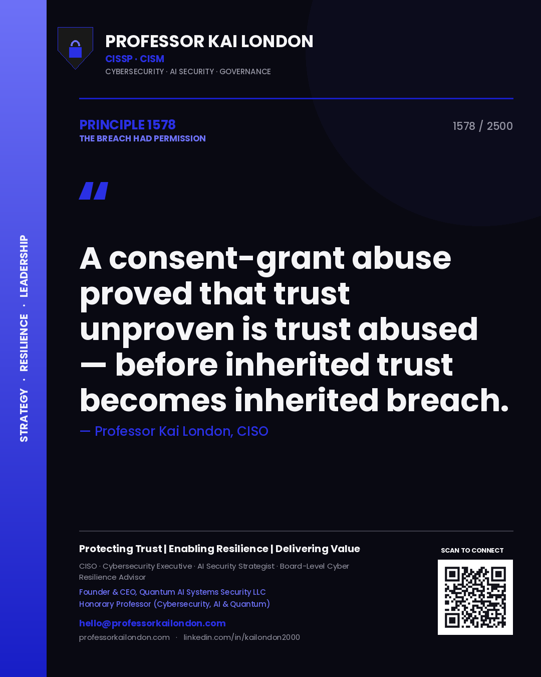 Quote card by Professor Kai London reading 'A consent-grant abuse proved that trust unproven is trust abused — before inherited trust becomes inherited breach.'. From the book The Breach Had Permission.