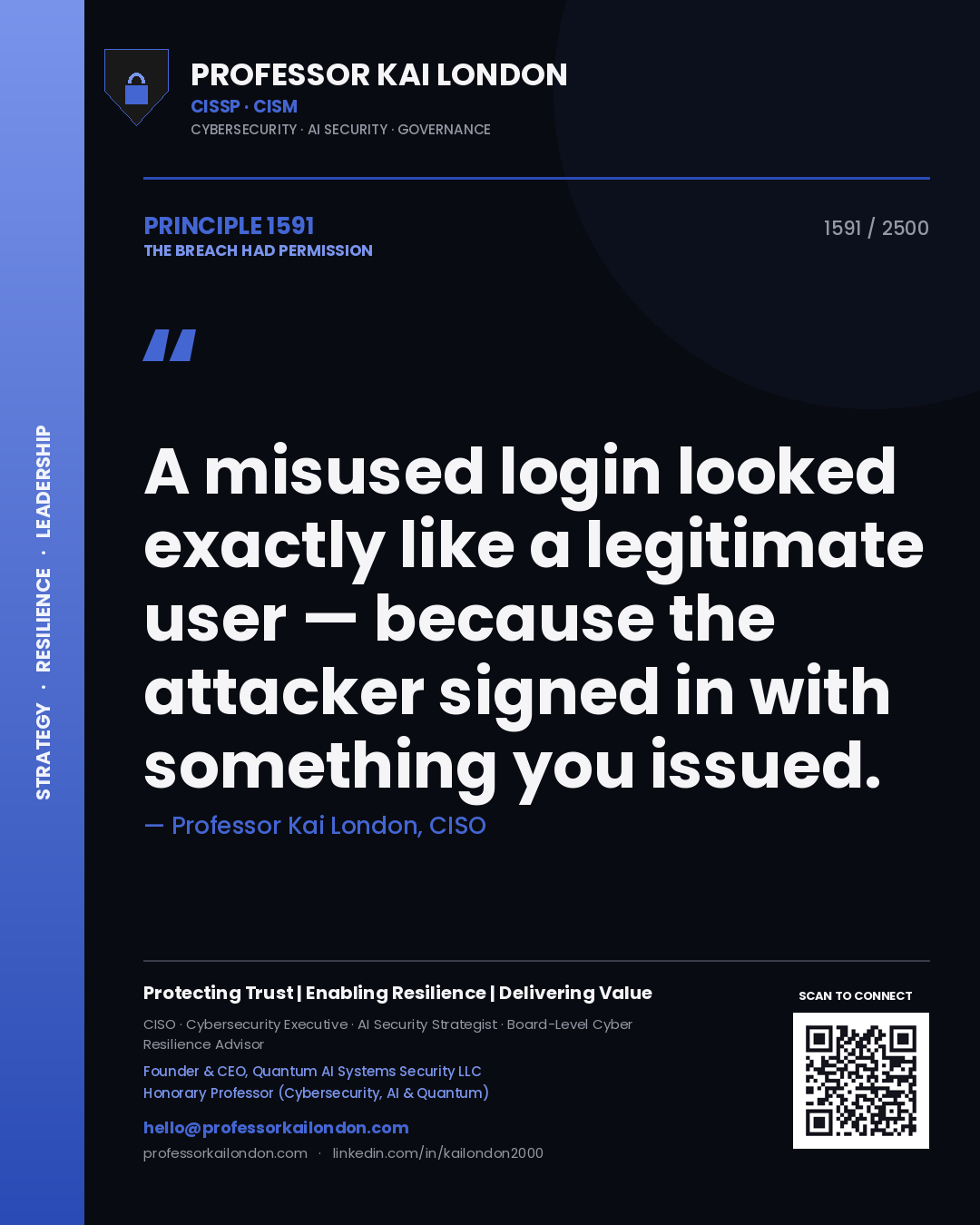 Professor Kai London principle 1591: A misused login looked exactly like a legitimate user — because the attacker signed in with something you issued.