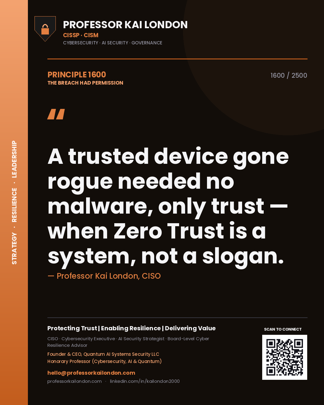 Quote card by Professor Kai London reading 'A trusted device gone rogue needed no malware, only trust — when Zero Trust is a system, not a slogan.'. From the book The Breach Had Permission.