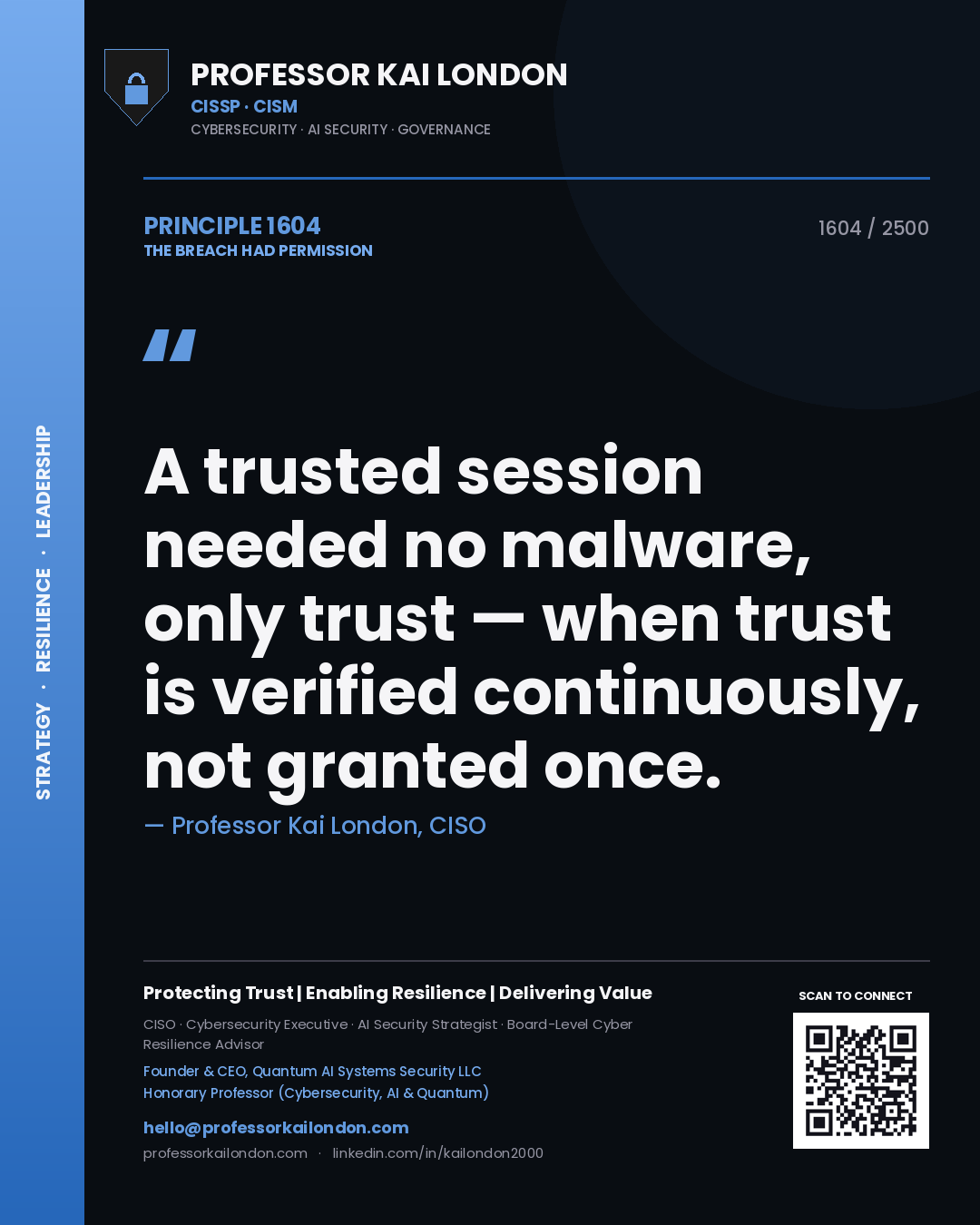 Professor Kai London principle 1604: A trusted session needed no malware, only trust — when trust is verified continuously, not granted once.