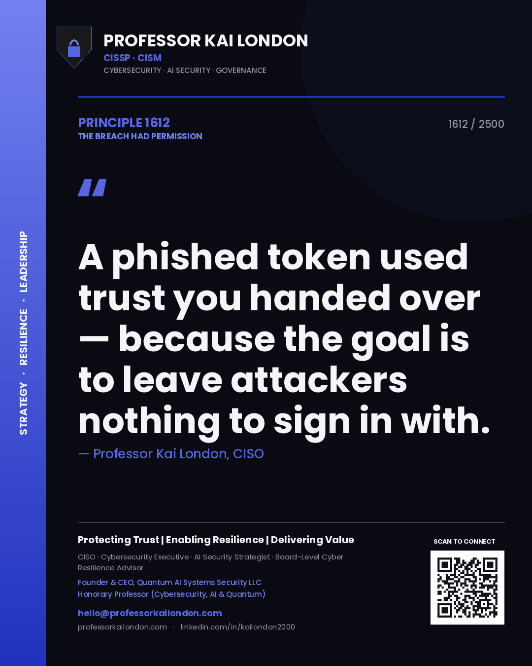 Quote card by Professor Kai London reading 'A phished token used trust you handed over — because the goal is to leave attackers nothing to sign in with.'. From the book The Breach Had Permission.