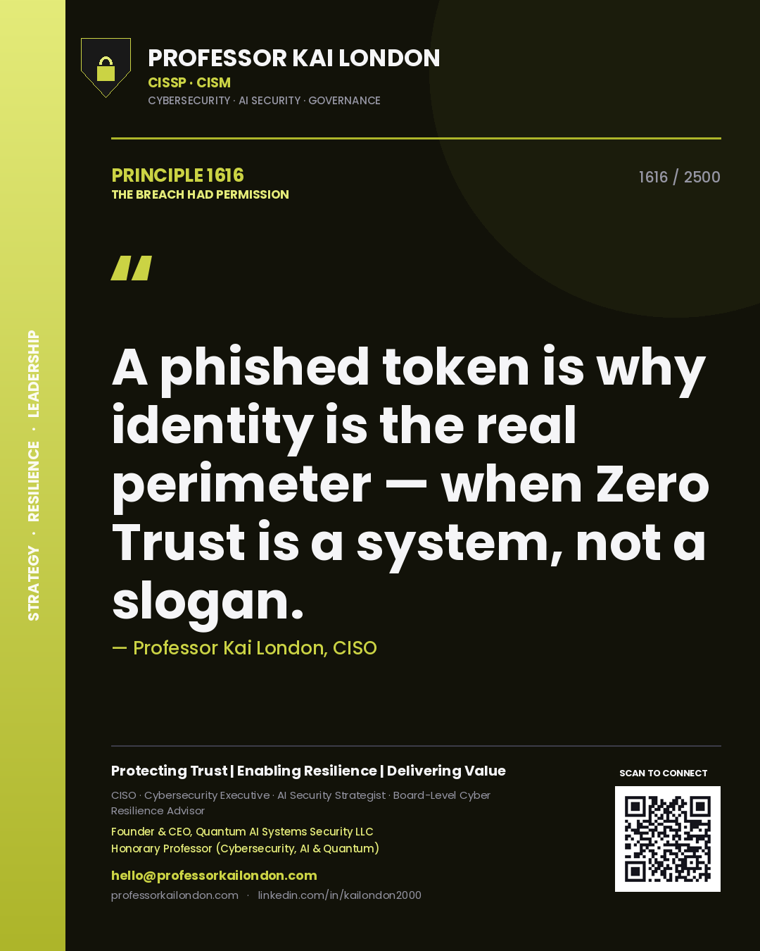 Professor Kai London principle 1616: A phished token is why identity is the real perimeter — when Zero Trust is a system, not a slogan.