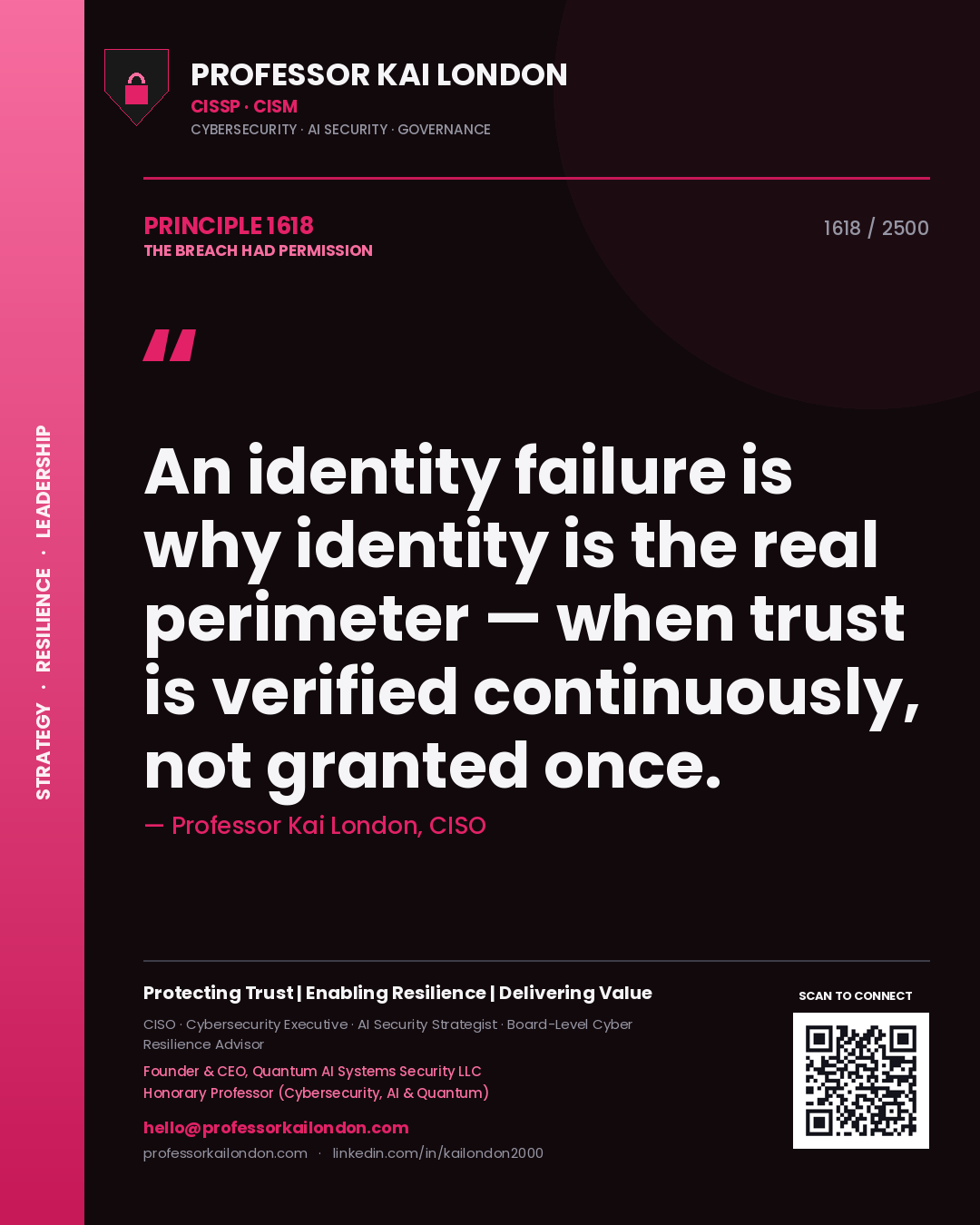 Professor Kai London principle 1618: An identity failure is why identity is the real perimeter — when trust is verified continuously, not granted once.