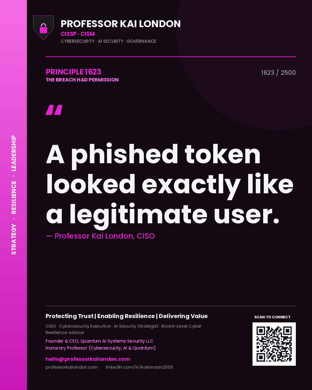 Quote card by Professor Kai London reading 'A phished token looked exactly like a legitimate user.'. From the book The Breach Had Permission.