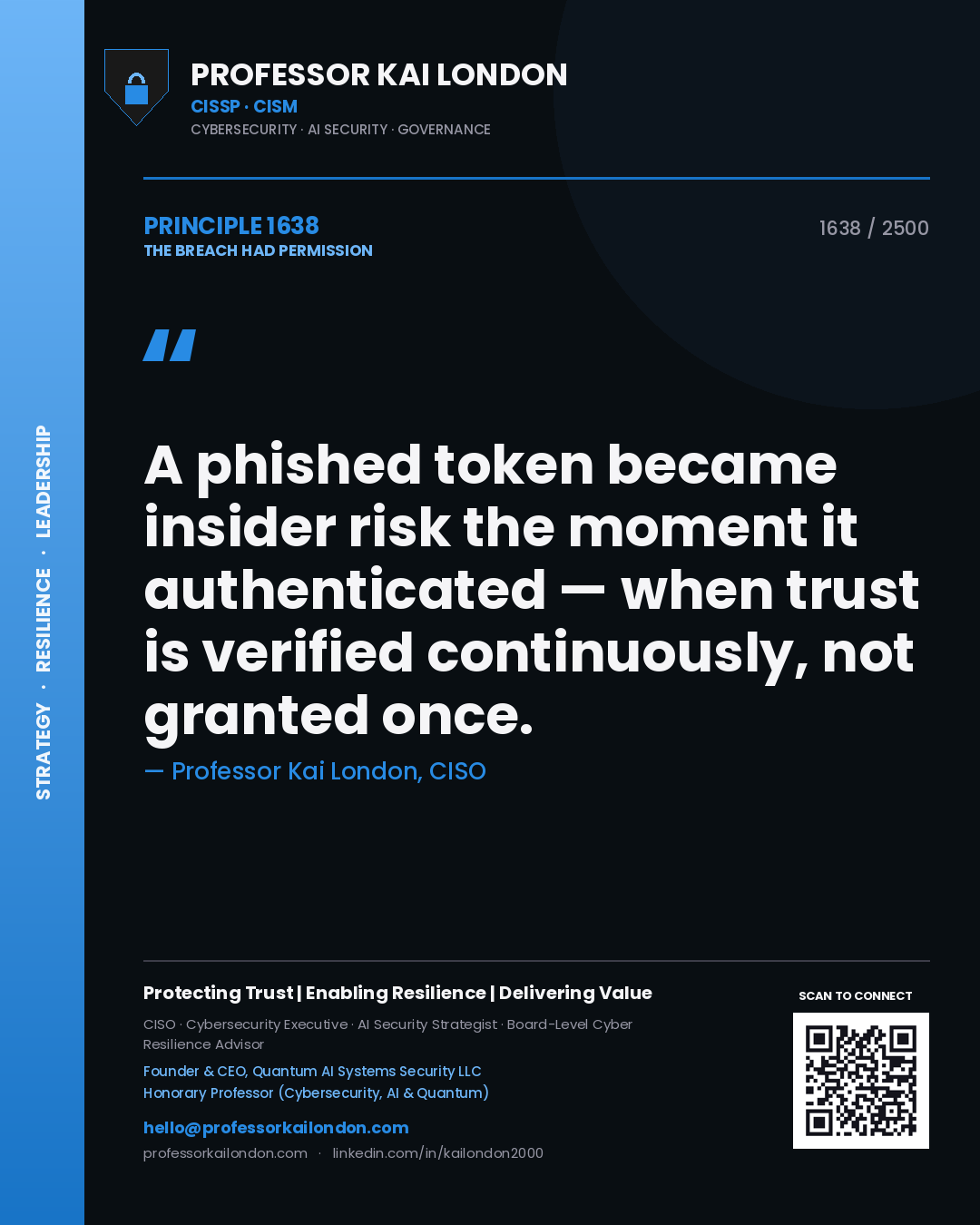 Quote card by Professor Kai London reading 'A phished token became insider risk the moment it authenticated — when trust is verified continuously, not granted once.'. From the book The Breach Had Permission.