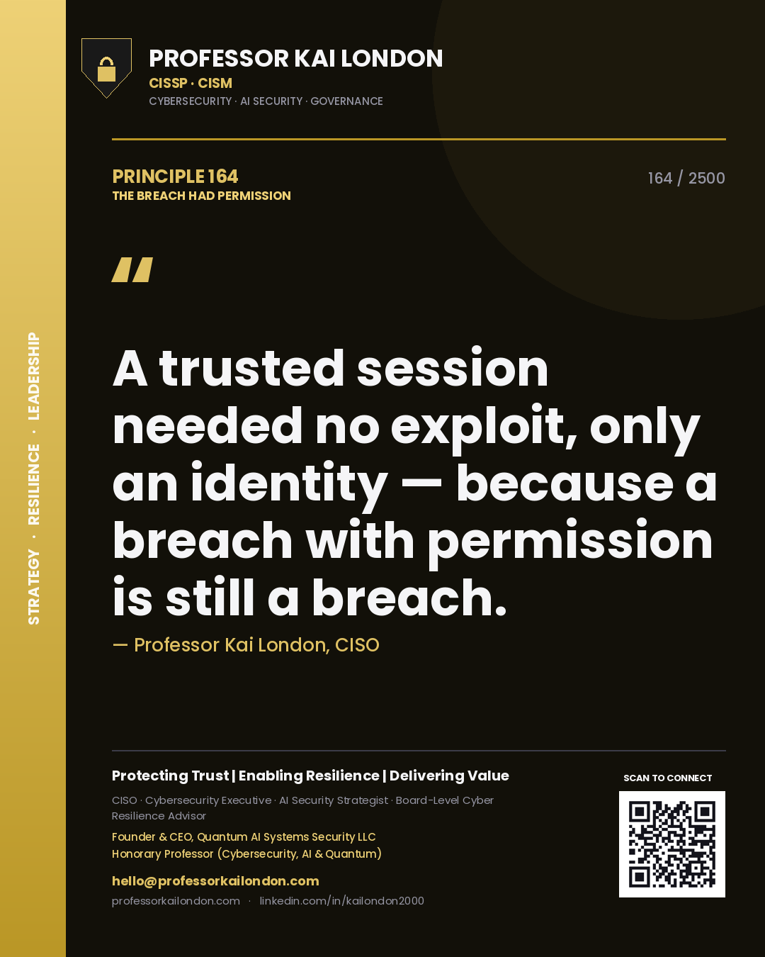 Quote card by Professor Kai London reading 'A trusted session needed no exploit, only an identity — because a breach with permission is still a breach.'. From the book The Breach Had Permission.