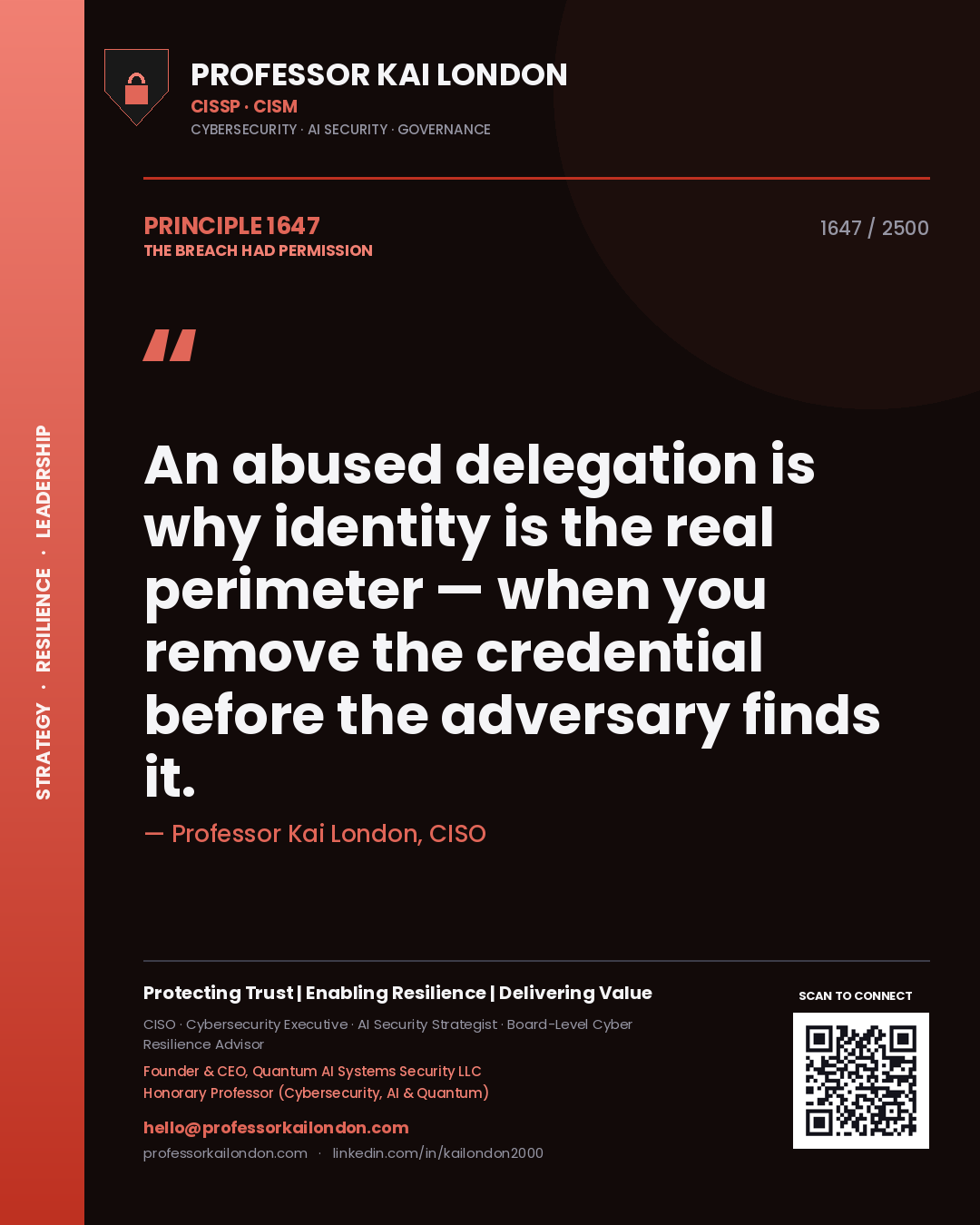 Professor Kai London principle 1647: An abused delegation is why identity is the real perimeter — when you remove the credential before the adversary finds it.